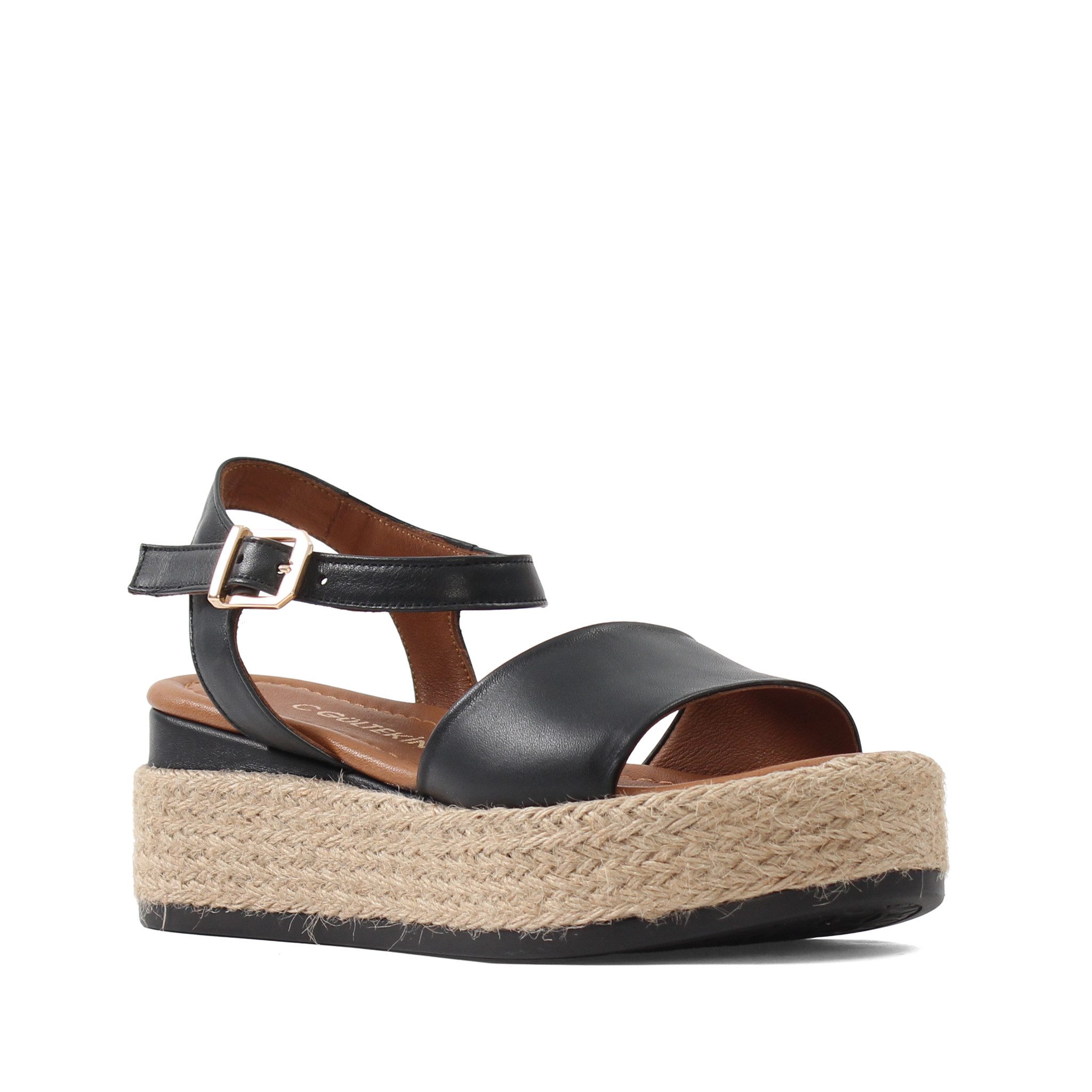Celal Gültekin Plateau Keilabsatz Espadrilles Riemchen Damen Plateausandaletten Glattleder, Echtleder-Futter & Decksohle, Schwarz, 37