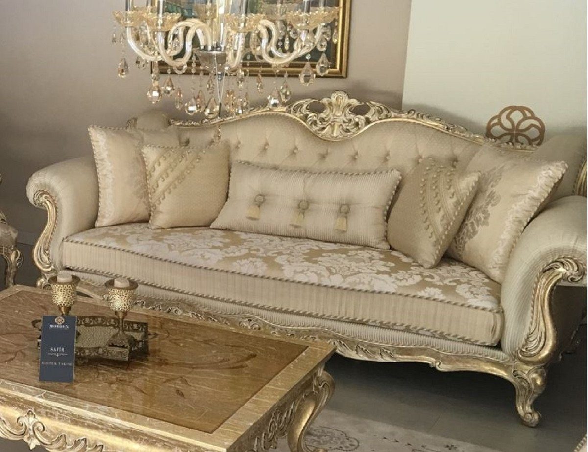 Casa Padrino Sofa Luxus Barock Sofa Gold / Antik Gold - Prunkvolles Wohnzimmer Sofa mit elegantem Muster - Barock Wohnzimmer Möbel