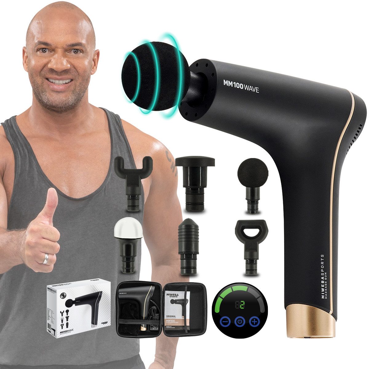 Miweba Sports Massagepistole Profi Massage Pistole MM100 inkl. 6 Massageköpfen - 2500 mAh, inkl. Hardcase mit Griff, 10 Intensitätsstufen, Vibrationsgerät für Nacken, Schulter, Rücken, Muskel Massage, Muskelschmerzen, Schmerzlinderung 9-tlg., 2800 Vibrationen pro Minute, Softstart-Funktion, LCD-Touchdisplay, mini Massagegerät Fitnessgerät Massage Gun elektrisch