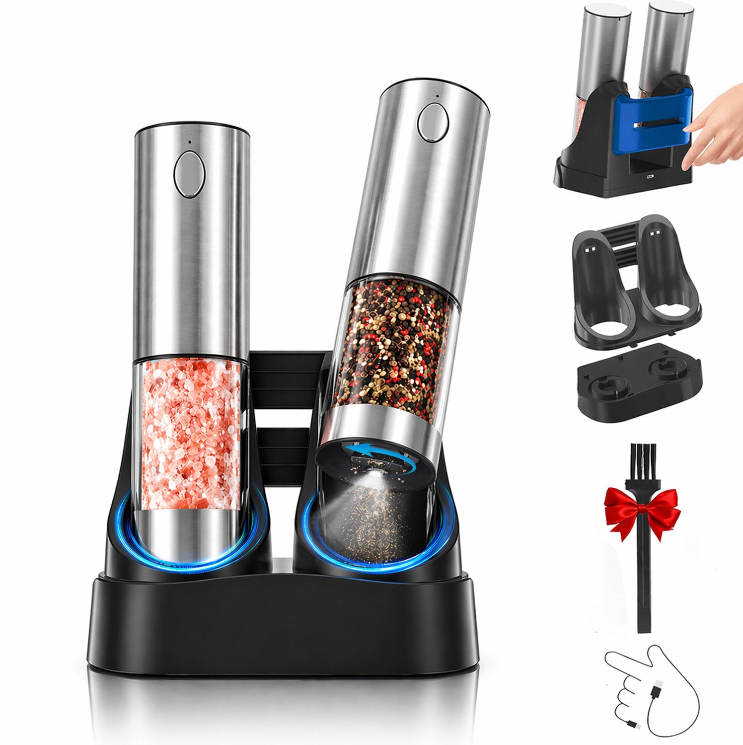 Futicare Salz-/Pfeffermühle Elektrisch 2er Set Gewürzmühle mit Magnet-USB-C-Ladestation, XXL 95ml,Edelstahl & Keramikmahlwerk, 5 Stufen & LED-Beleuchtung