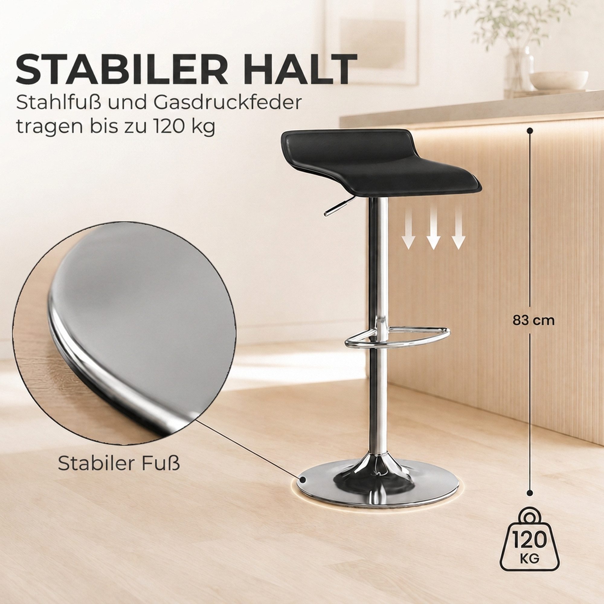 HOMCOM Barhocker Drehbar Barstuhl mit Silber-Stahlgestell, Küchenstuhl mit Fußstütze (Set, 1 St., 1 Stück), höhenverstellbar, 360° drehbar – Bild 5 von 5