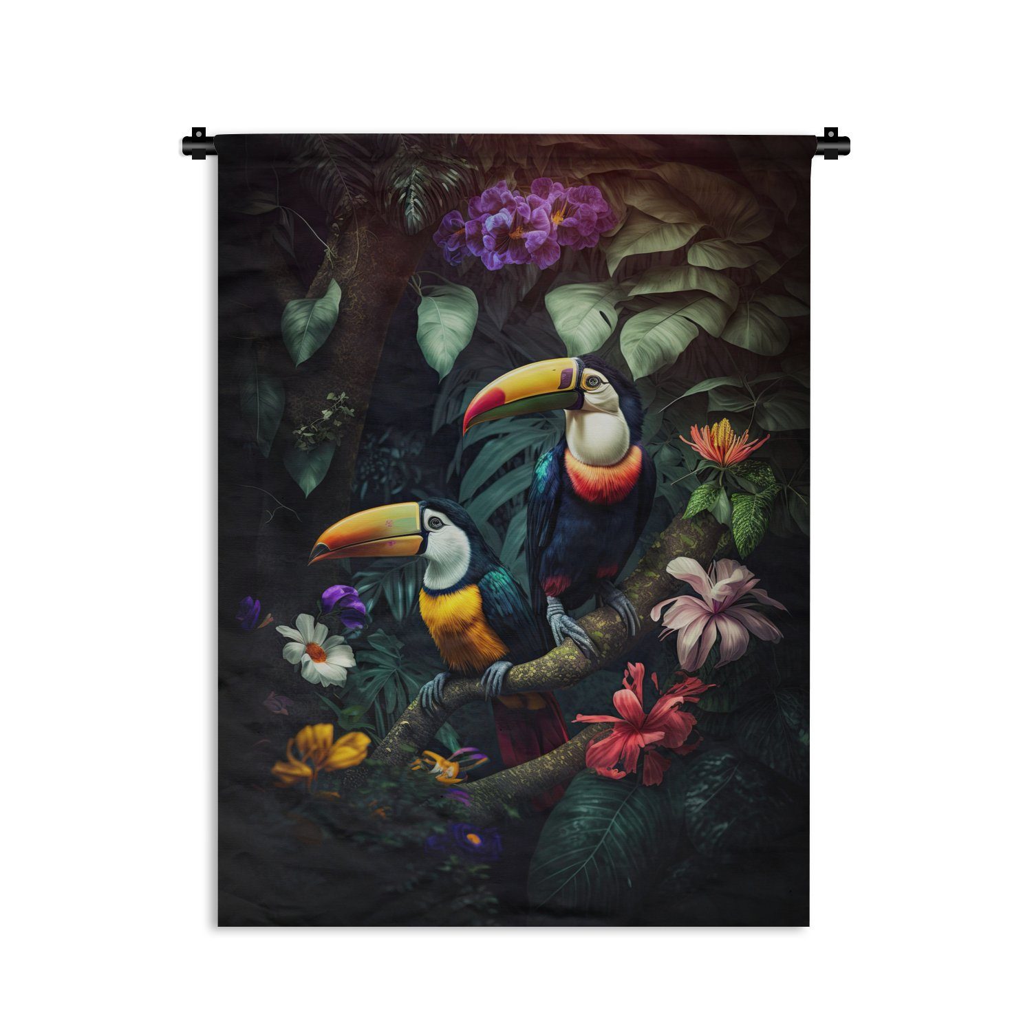 MuchoWow Wanddekoobjekt Tukan - Blumen - Dschungel - Vögel, Deko für an der Wand, Wohnzimmer, Tapisserie, Schlafzimmer