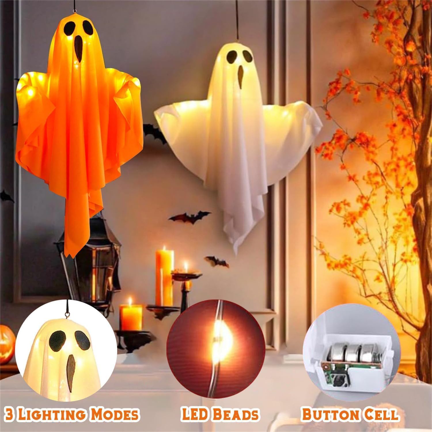 FELIXLEO LED-Dekofigur Halloween Deko Innen Außen, 2 leuchtende Geister LED, 50cm, Party (1 St) – Bild 4 von 5