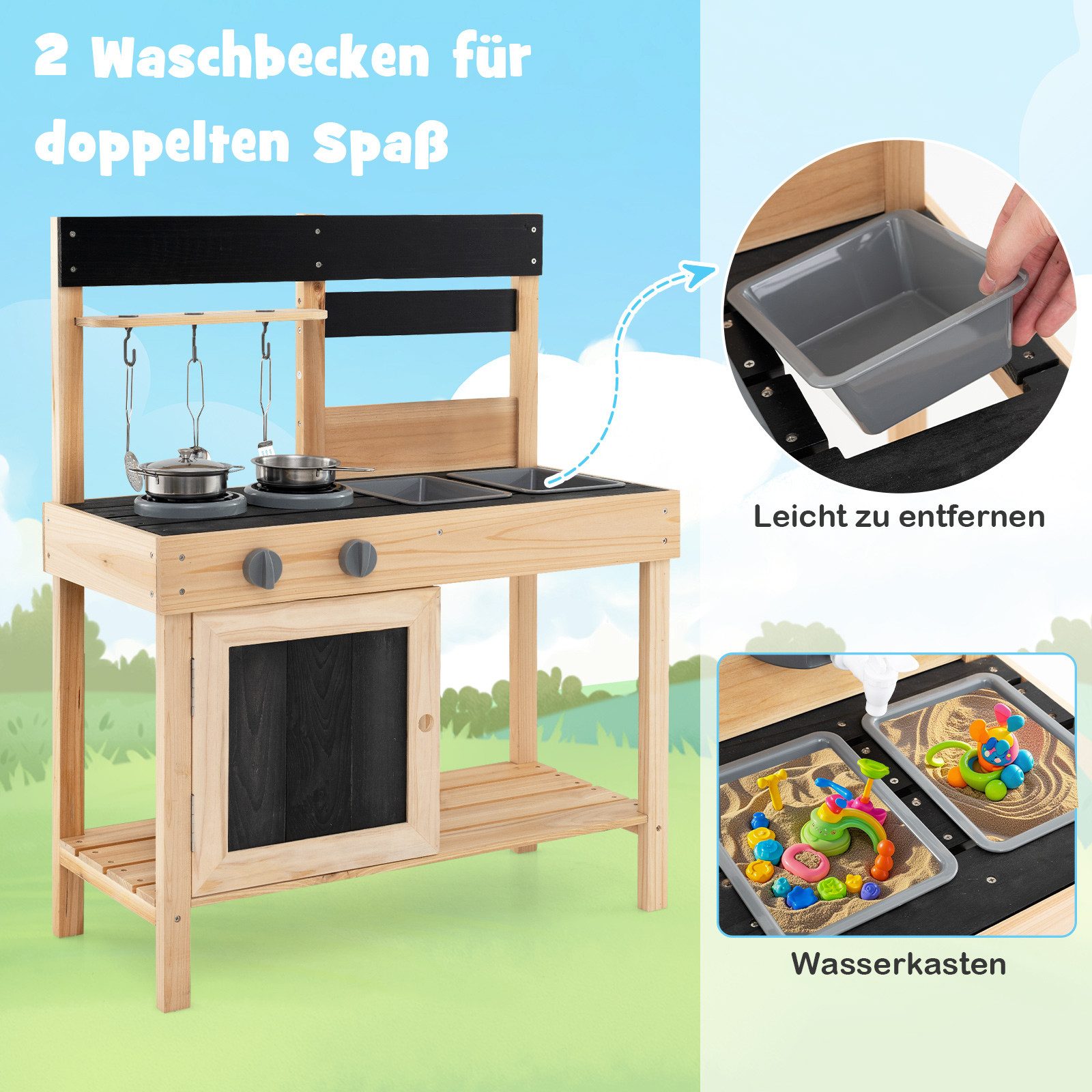 COSTWAY Outdoor-Spielküche Holz, Matschküche Kinder Outdoor mit Zubehör, Holz