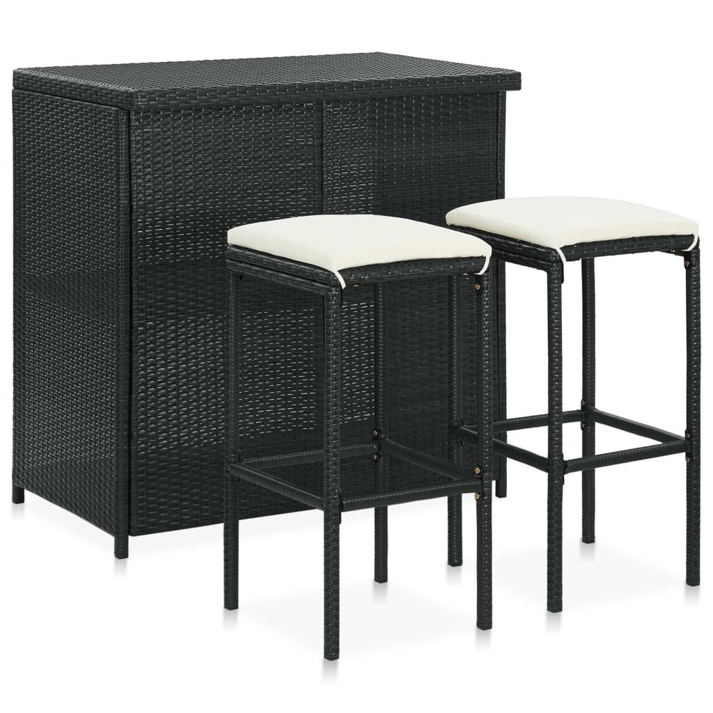furnicato Bargruppe Schwarzes PE-Rattan Bar-Set mit Tisch 102x60x105 cm und Hockern 38x38x, (1-tlg), Wetterfeste Sitzgruppe mit Ablage-Regalen und bequemen Fußstützen