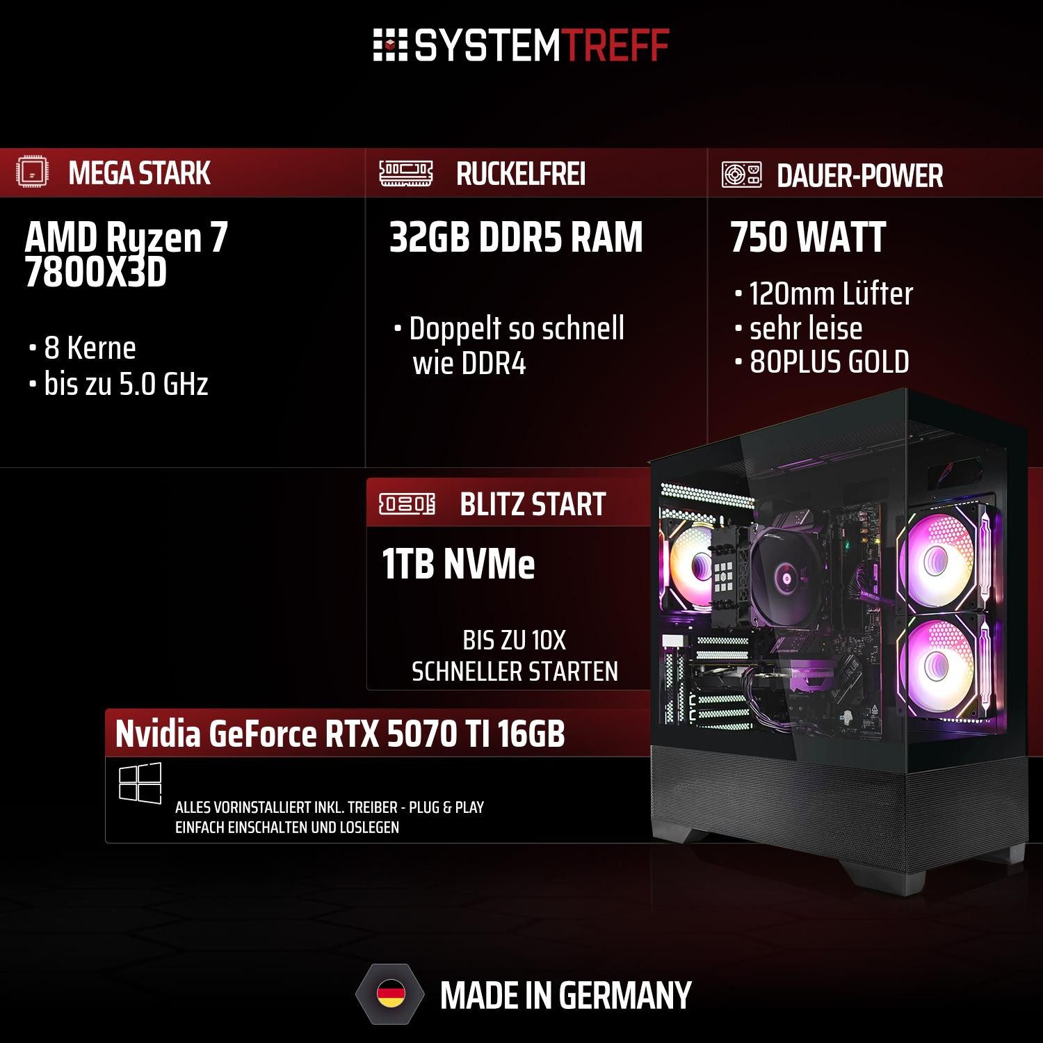 SYSTEMTREFF AMD Ryzen 7 7800X3D mit Nvidia GeForce RTX 5070 TI 16GB Gaming-PC (AMD 7800X3D 7800X3D, Nvidia GeForce RTX 5070 Ti, 32 GB RAM, 1000 GB SSD, Luftkühlung)