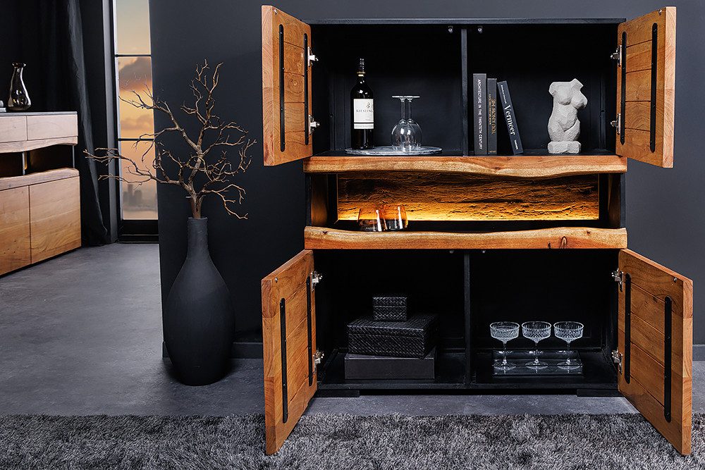 riess-ambiente Highboard GRAND ACACIA 120cm braun/ schwarz - Akazie-Massivholz, LED-Beleuchtung (Einzelartikel, 1 St), handmade & Design mit Baumkante - ideal f – Bild 4 von 5