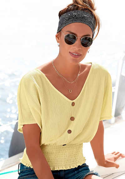 LASCANA V-Shirt mit breitem Smoksaum und Kopfleiste, Blusenshirt, sommerlich
