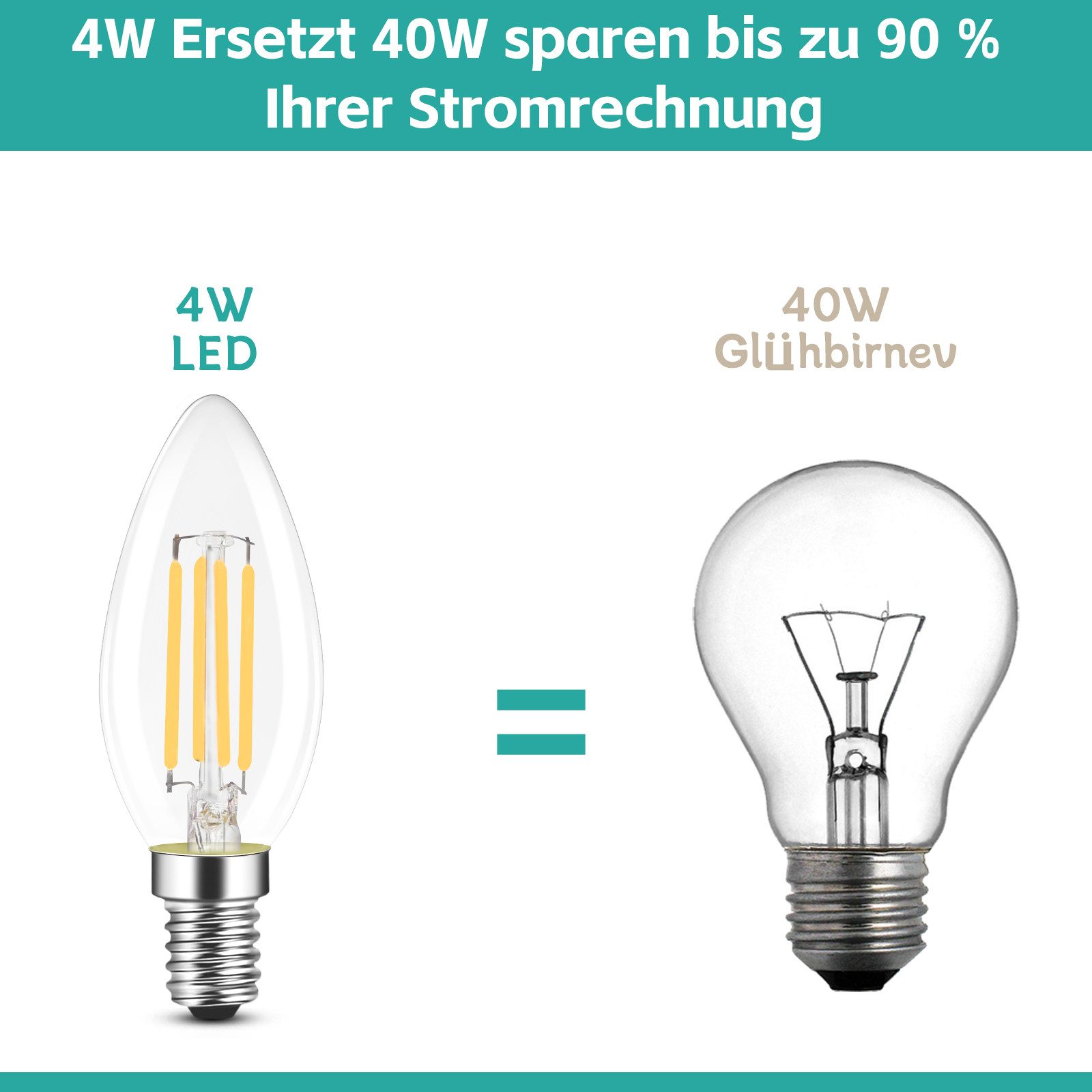 Nettlife LED-Leuchtmittel E14 Energiesparlampe 12st 4W 2700K Warmweiß Glühbirne, E14, 12 St., Warmweiß, Kein Flimmern Energiesparlampe – Bild 4 von 5