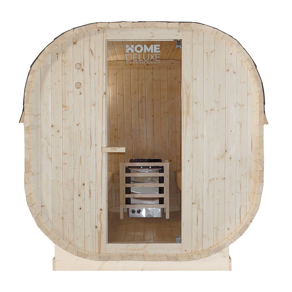 HOME DELUXE Sauna Outdoor Sauna CUBE - Größenauswahl, BxTxH: 194 x 120 x 185 cm, 38,00 mm, (inkl. 3,6 kW Saunaofen & Saunazubehör) Saunahaus aus Fichtenholz I Gartensauna