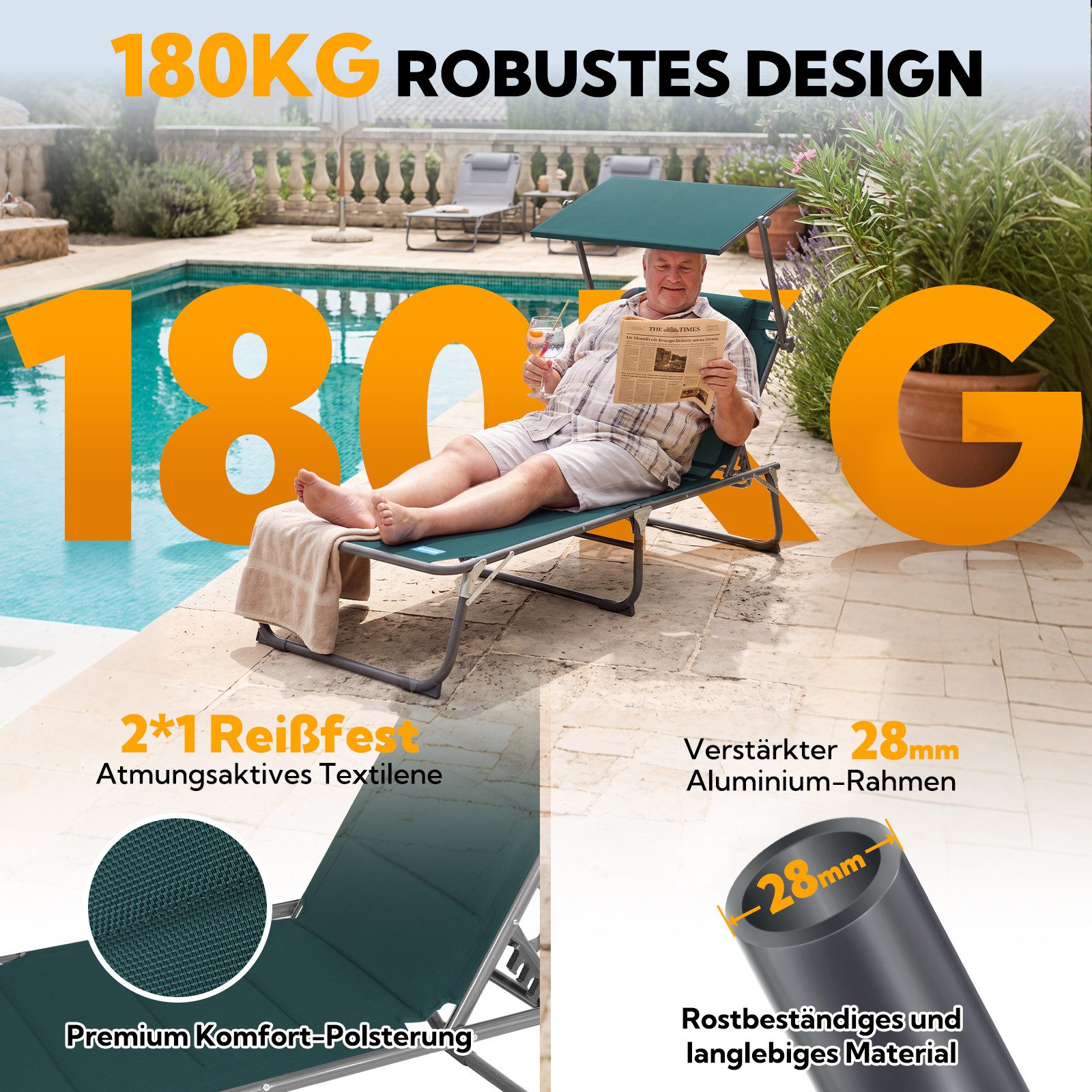 HOMECALL Gartenliege Sonnenliege AluLiege Liegestuhl Strandliege Liegen wetterfest, klappbar, Textilene Mit Dickemschnelltrocknende Schaumstoffpolsterung, Verst – Bild 4 von 5