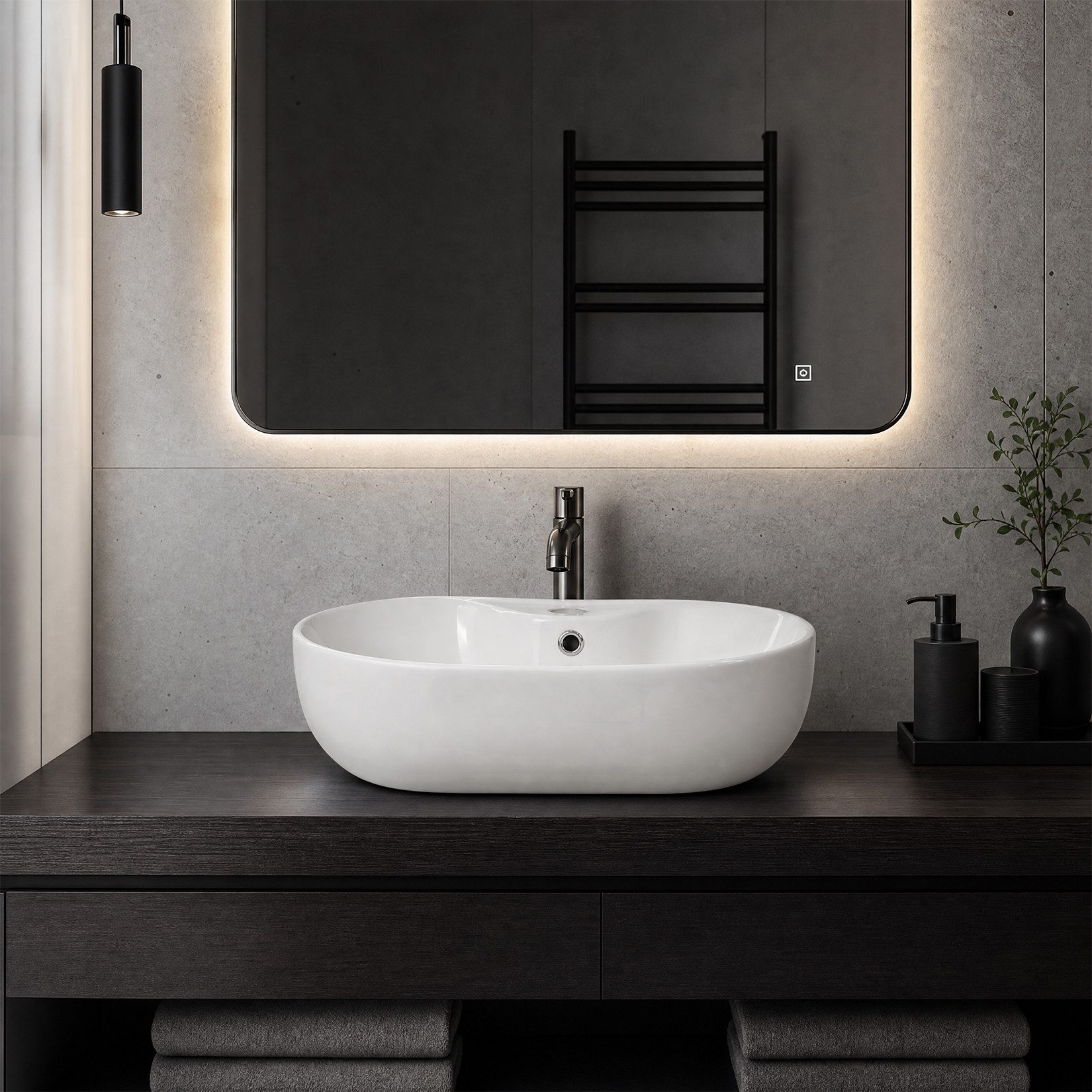 GarveeMore Aufsatzwaschbecken aus Keramik mit dünnem Rand für Badezimmer, Künstlerisches Design, leichte Reinigung, oval/konisch, weiß