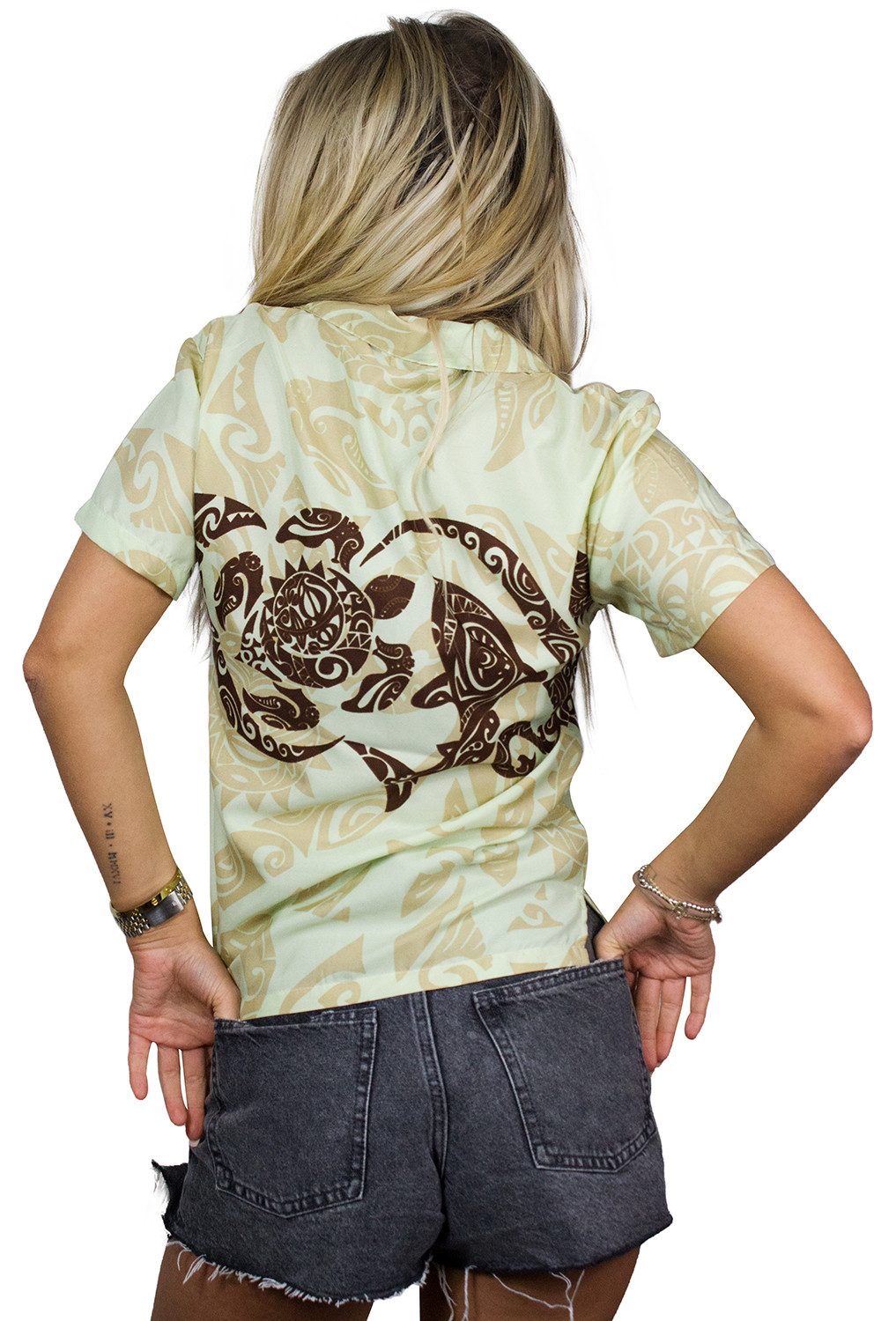 King Kameha Hawaiihemd Maori Chest Funky Hawaiibluse Damen Kurzarm Front-Tasche Stylish
