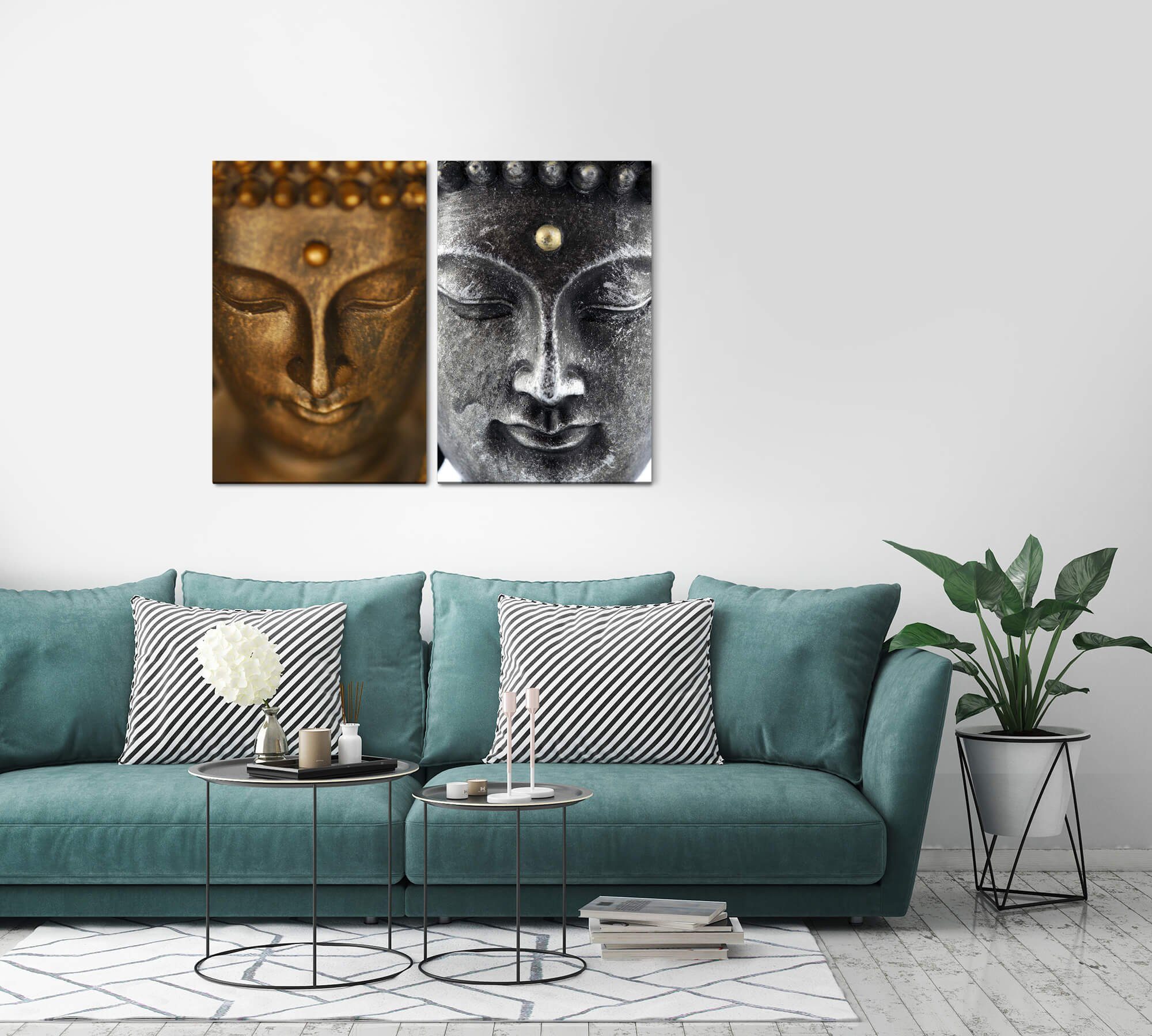 Sinus Art Leinwandbild 2 Bilder je 60x90cm Buddha Buddhakopf Statue Buddhismus Meditation Achtsamkeit positive Energie