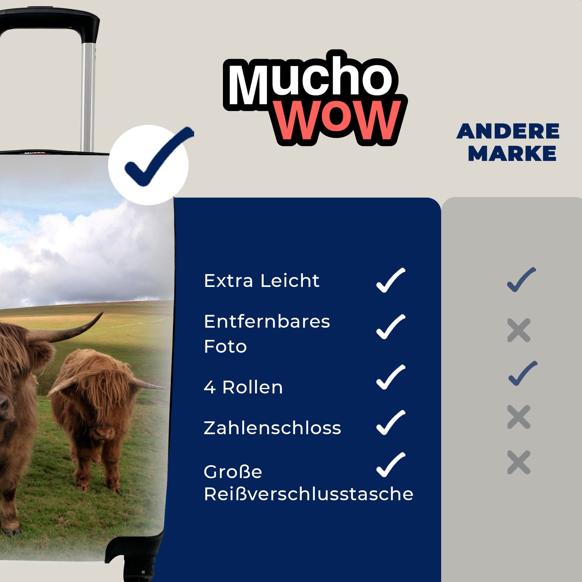 MuchoWow Handgepäckkoffer Reisekoffer Highlander für Handgepäck - rollen, Natur, mit - Reisetasche Trolley, Ferien, 4 Kühe Rollen, Schottische