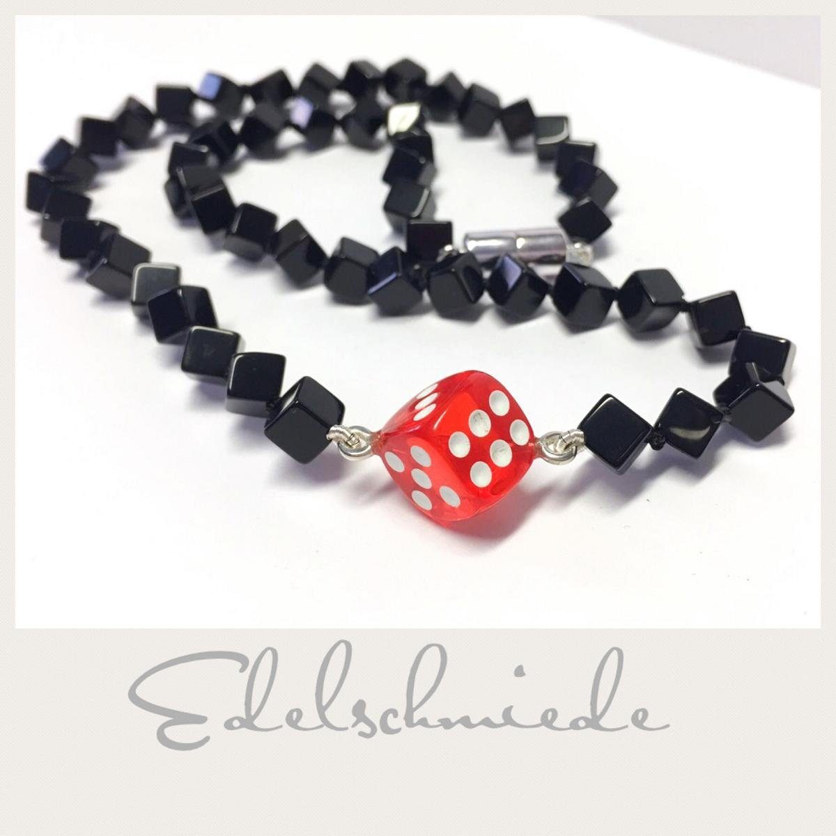 Kette ohne Anhänger Onyxkette mit Glückswürfel (rot) und 925/- Silber Magnetschließe 47 cm