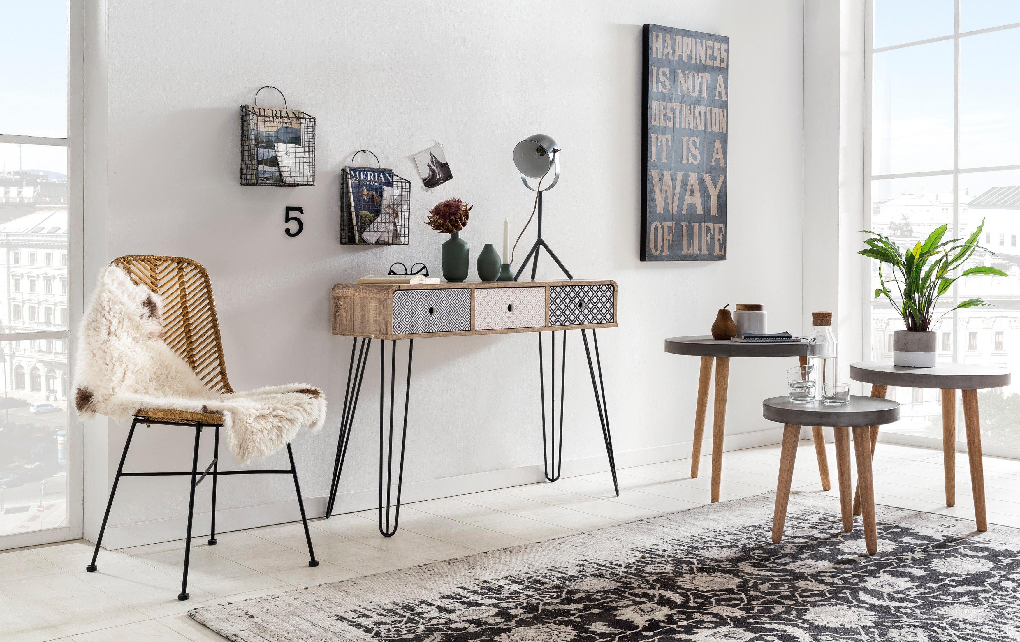 SIT Konsolentisch Hvar im Scandi-Shabby-Chic mit 3 grifflosen Schubladen, White-Wash-Oberfläche mit blau-weißen Fronten im Vintage-Look