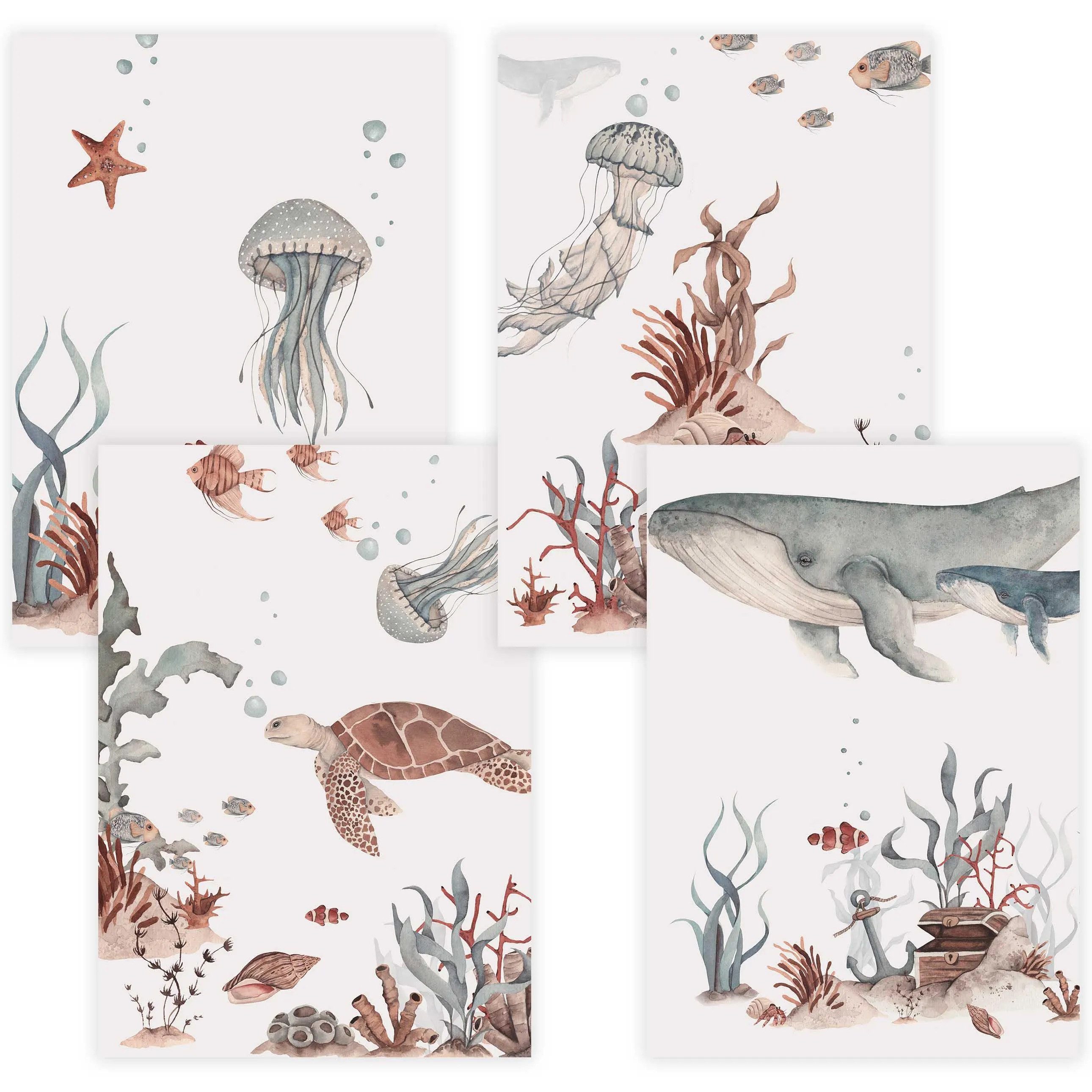 WANDKIND Poster Wandbild 4er Set P800 / Unterwasser Abenteuer, Kinderzimmer Poster