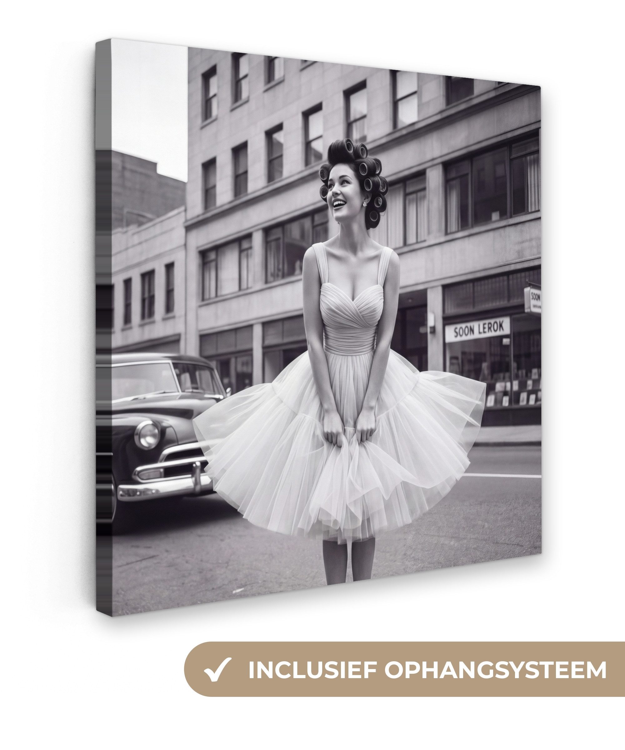 OneMillionCanvasses® Leinwandbild Retro - Frau - Schwarz - Weiß, Fotodruck (1 St), Wandbild, Deko Schlafzimmer Wohnzimmer Flur 20x20 cm