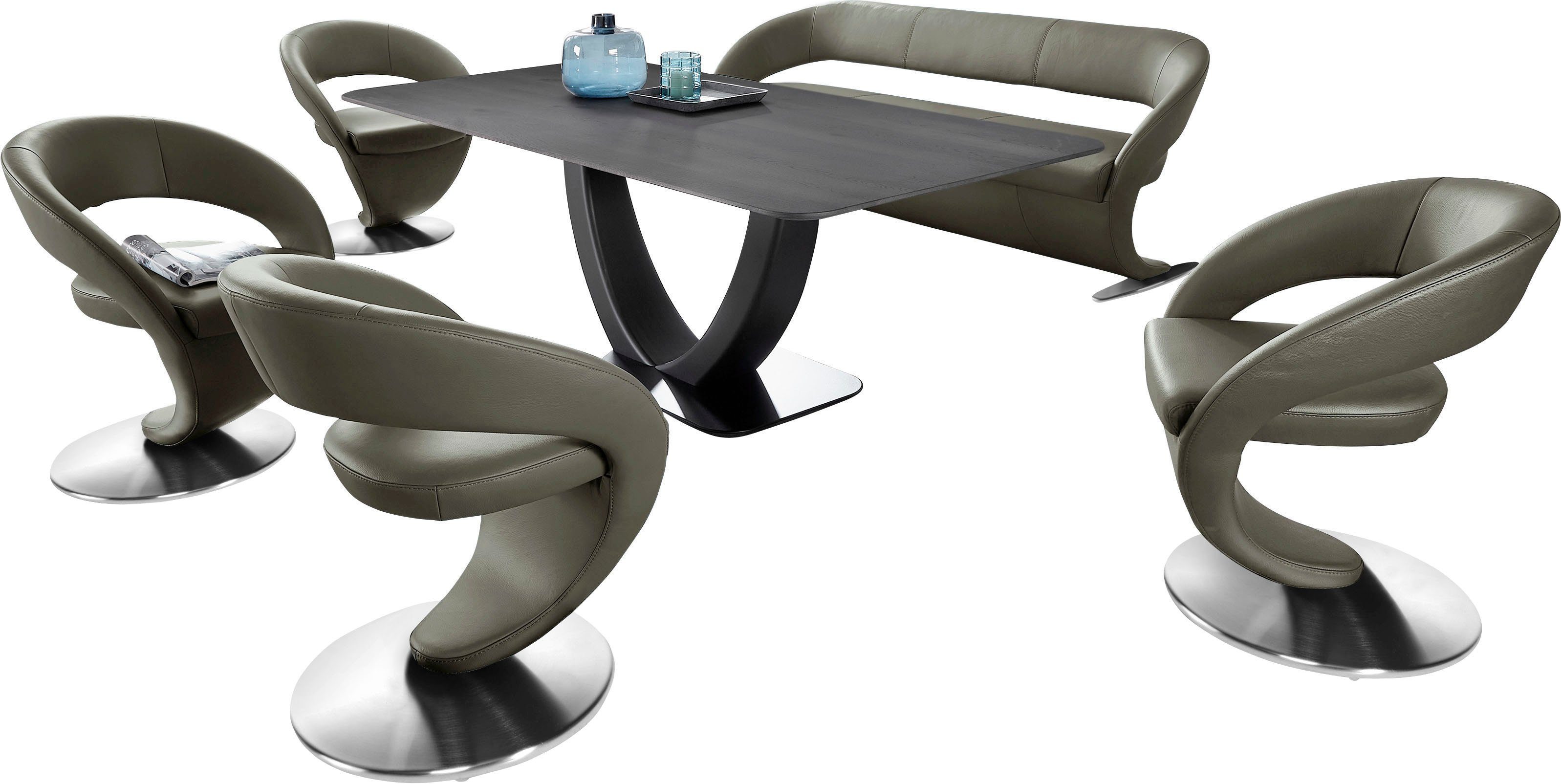 Essgruppe Wohnen in & Komfort Design-Drehstühlen und 4 Design-Solobank K+W (Set), mit Wave, 180x90cm Tisch