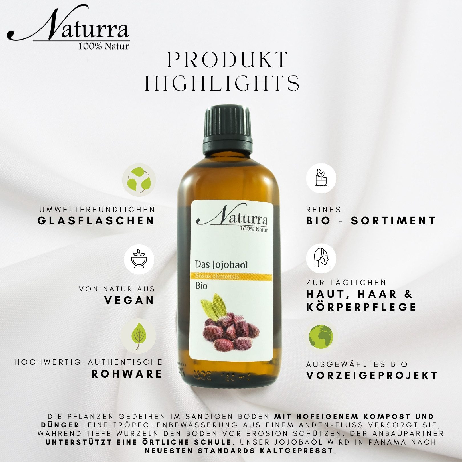 Naturra Körperöl Bio Jojobaöl kaltgepresst unraffiniert nativ Premiumqualität im Glas, Ausgewähltes Bio-Vorzeigeprojekt, Kaltgepresst, nativ, Premiumqualität