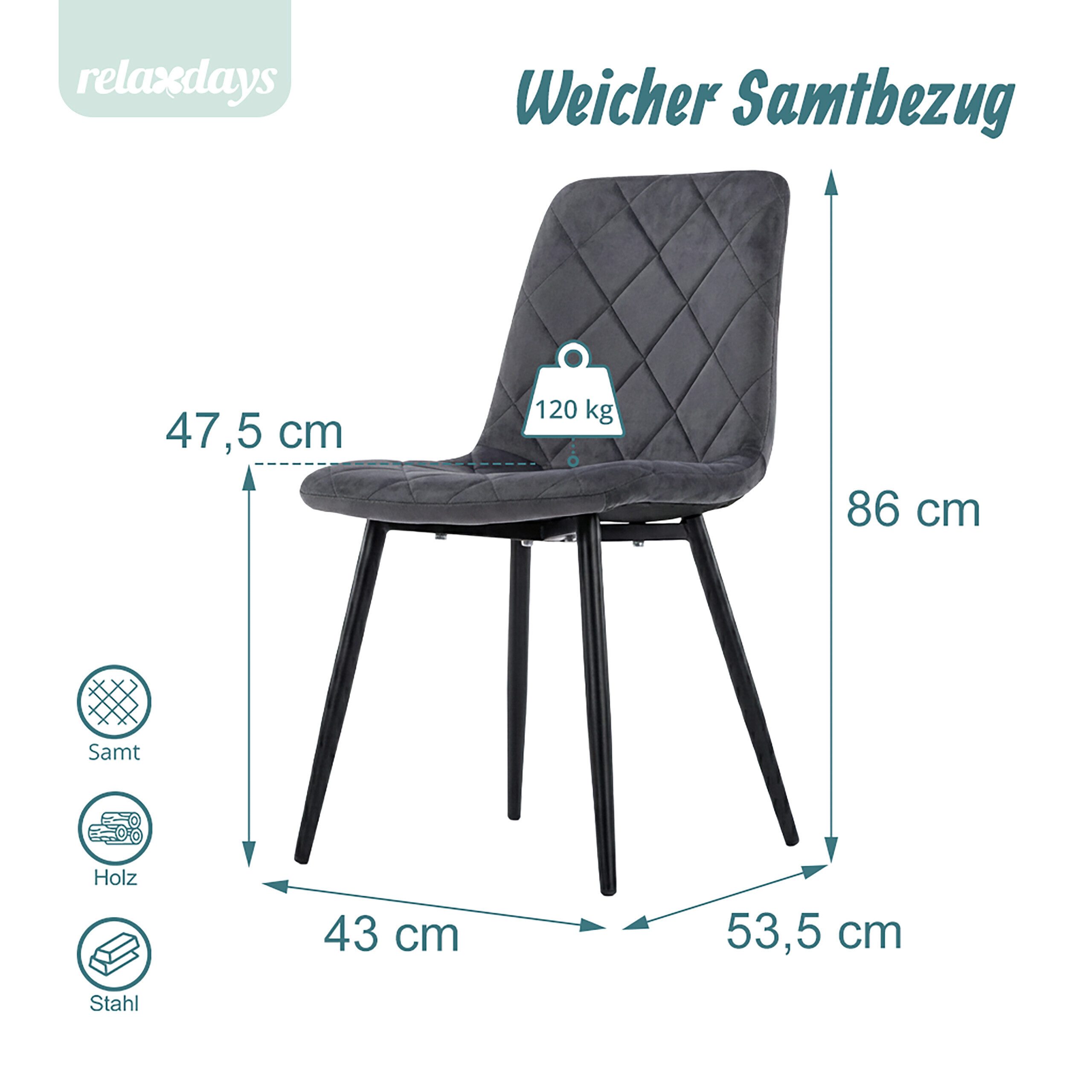 relaxdays Esszimmerstuhl Samt Esszimmerstuhl Set (4 St), anthrazit., 4er Pack – Bild 4 von 5
