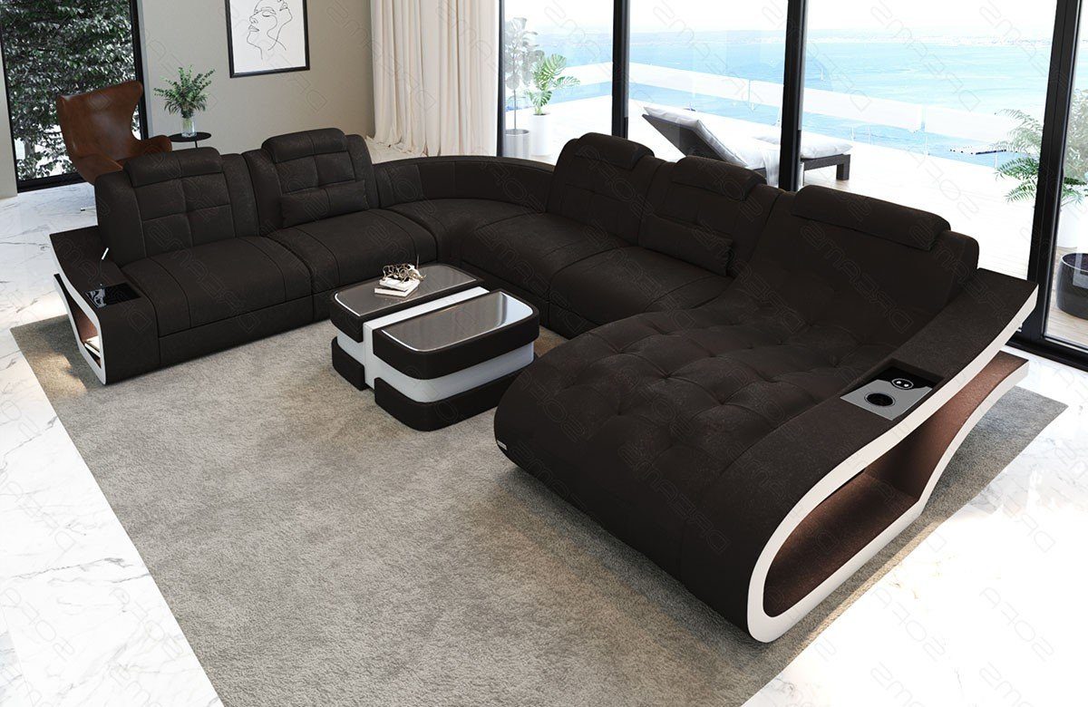 Polster Dreams Stoffsofa, A Sofa wahlweise Sofa Elegante mit Bettfunktion Form Wohnlandschaft XXL braun-weiß Couch Stoff