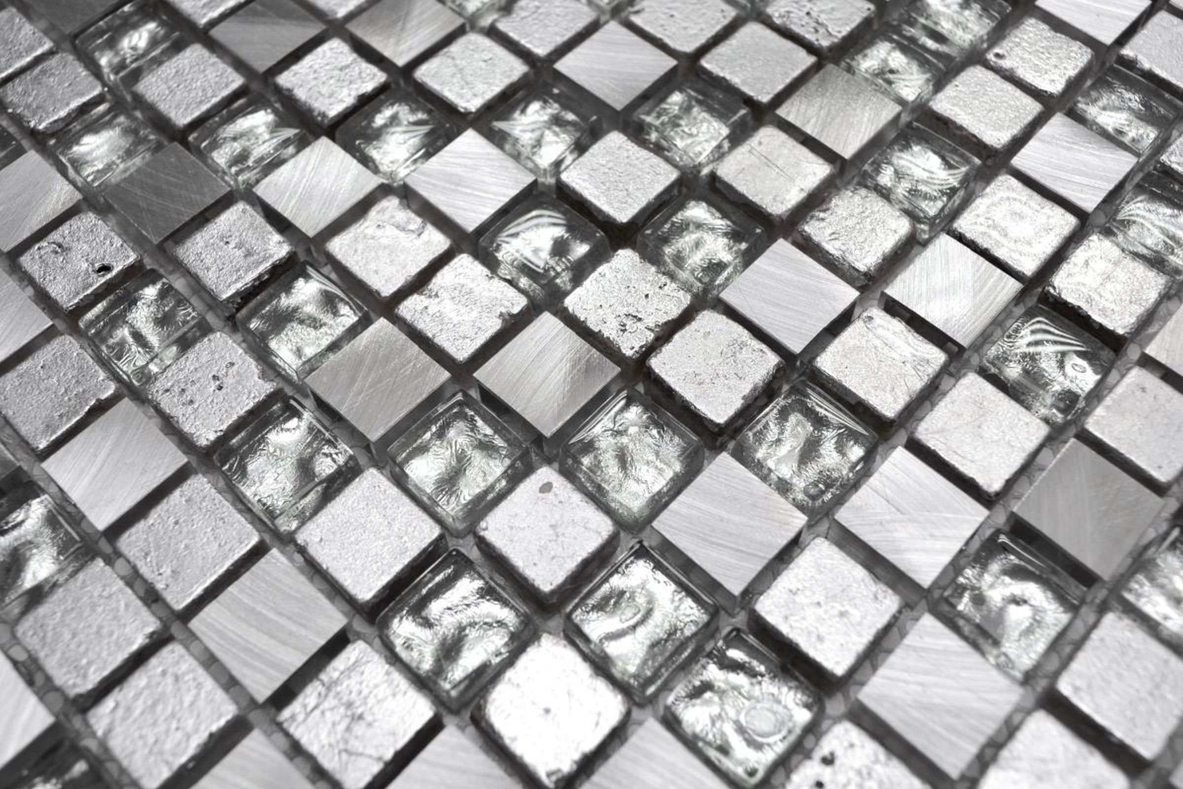 Mosani Mosaikfliesen Glasmosaik Mosaikfliese Resin grau silber Aluminium