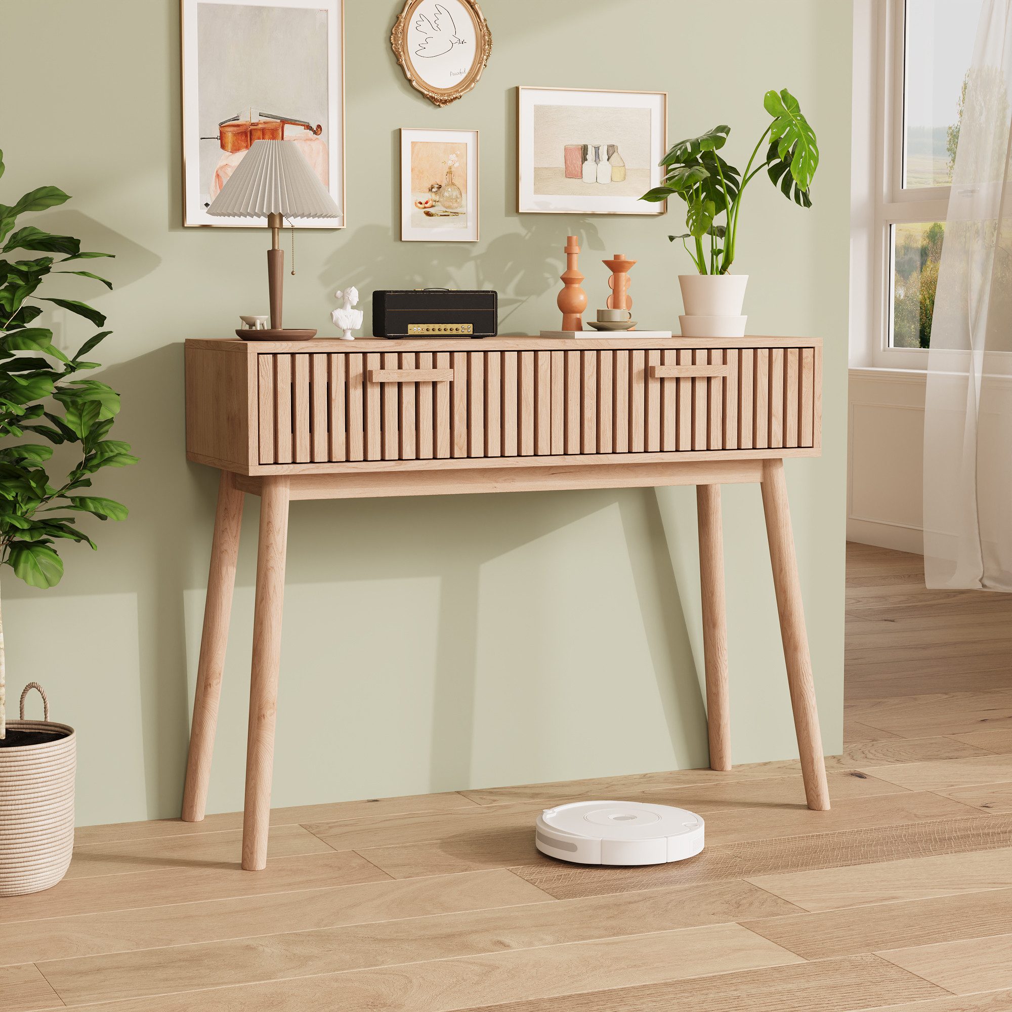 Simurq Konsolentisch Konsolentisch, Sofatisch, Eingangskonsole mit 2 Schubladen, Naturfarbe