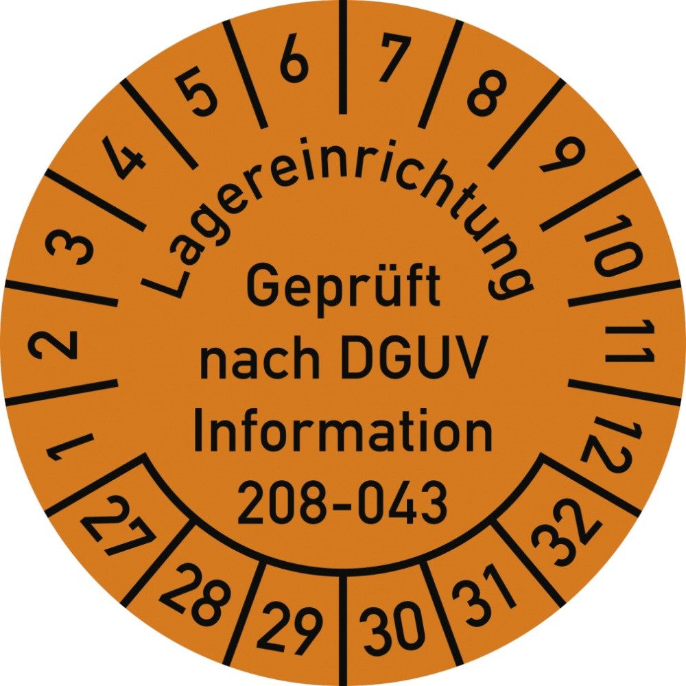 Hinweisschild Prüfplakette Lagereinrichtung DGUV-208-043...2027-2032, Folie, Ø 30mm