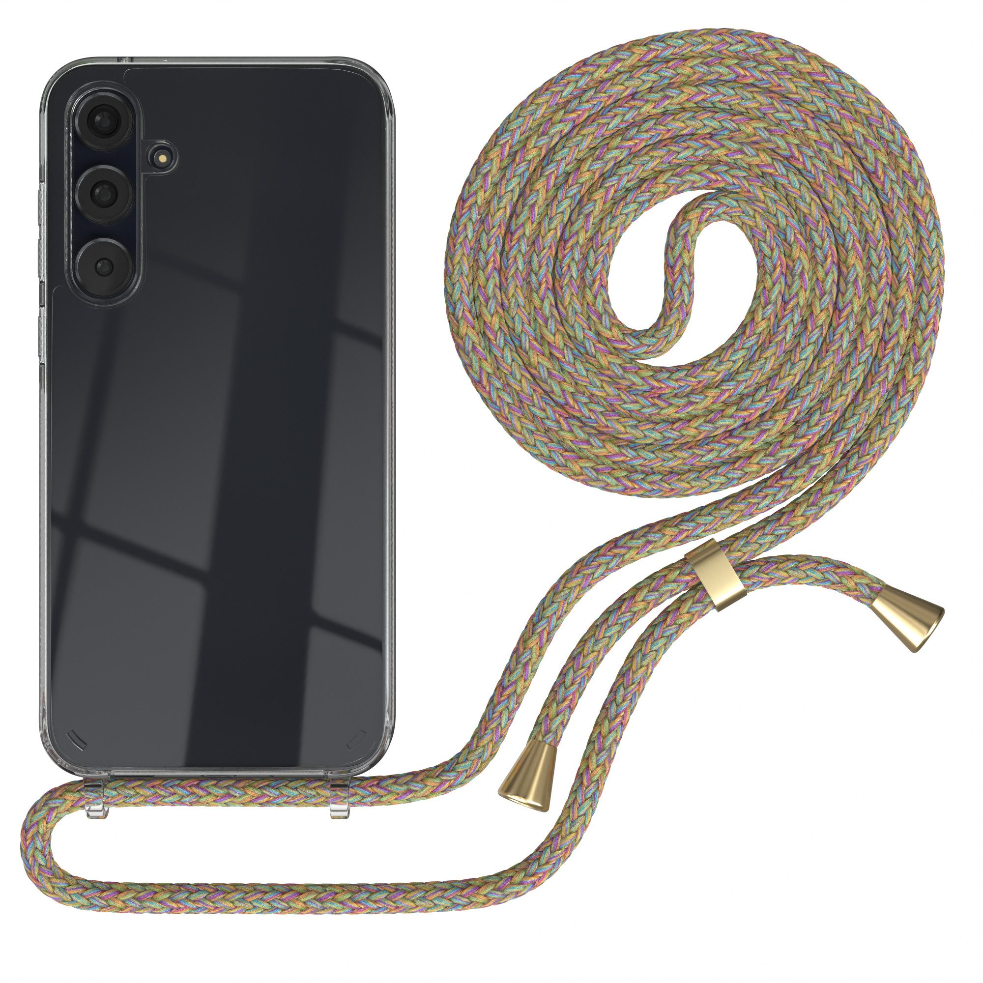 EAZY CASE Handykette Hülle mit Kette für Samsung Galaxy A35 6,6 Zoll, Ketten Hülle Schultergurt Schutz Hülle Tasche mit Band Bunt Clip Gold