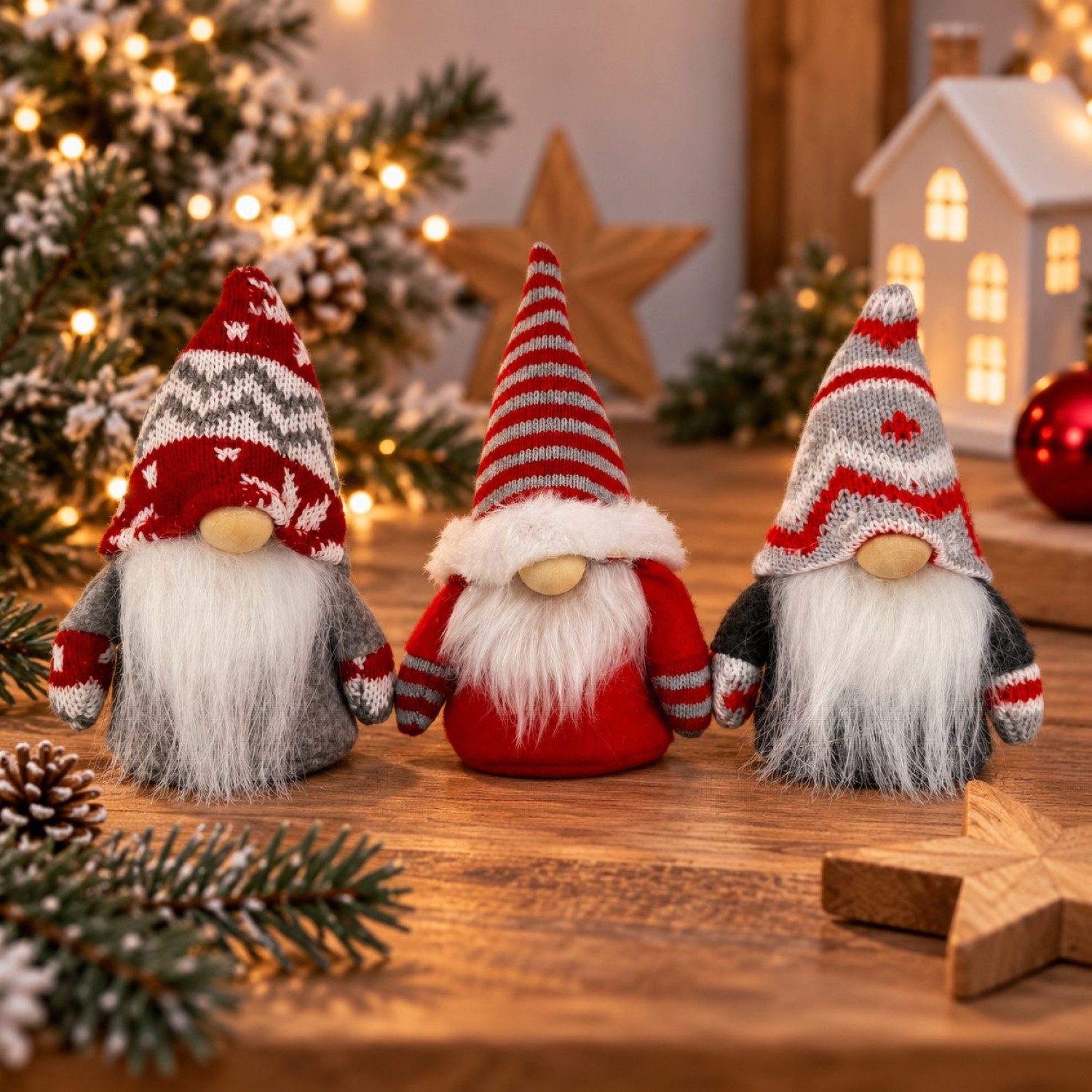 Online-Fuchs Dekofigur süße kleine Weihnachtswichtel mit Mütze - Deko Winter & Weihnachten (3er oder 6er Set wählbar, harmonische Kombination aus Rot, Grau und Weiß), inklusive Juteschnur zum Aufhängen als Weihnachtsbaumschmuck - W7
