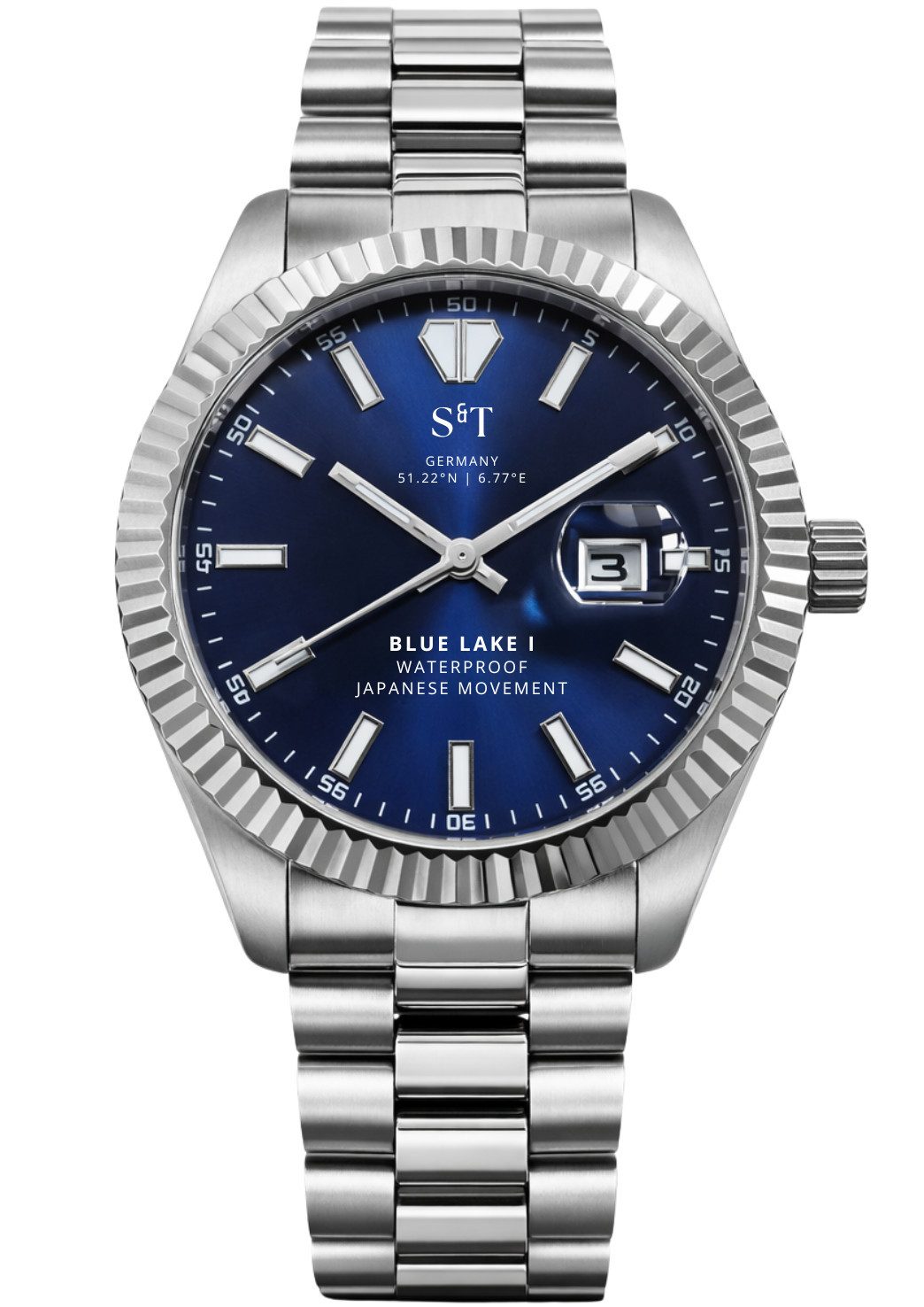 S&T Design Quarzuhr Herren Uhr Edelstahl Armbanduhr Herrenuhr Japanisches Uhrenwerk 40mm Blue Lake 1, (Set, 1-tlg., mit Bandkürzgerät und Uhrenbox), Männer Uhr Wasserdicht Datum Business Uhr Metall Geschenke für Männer