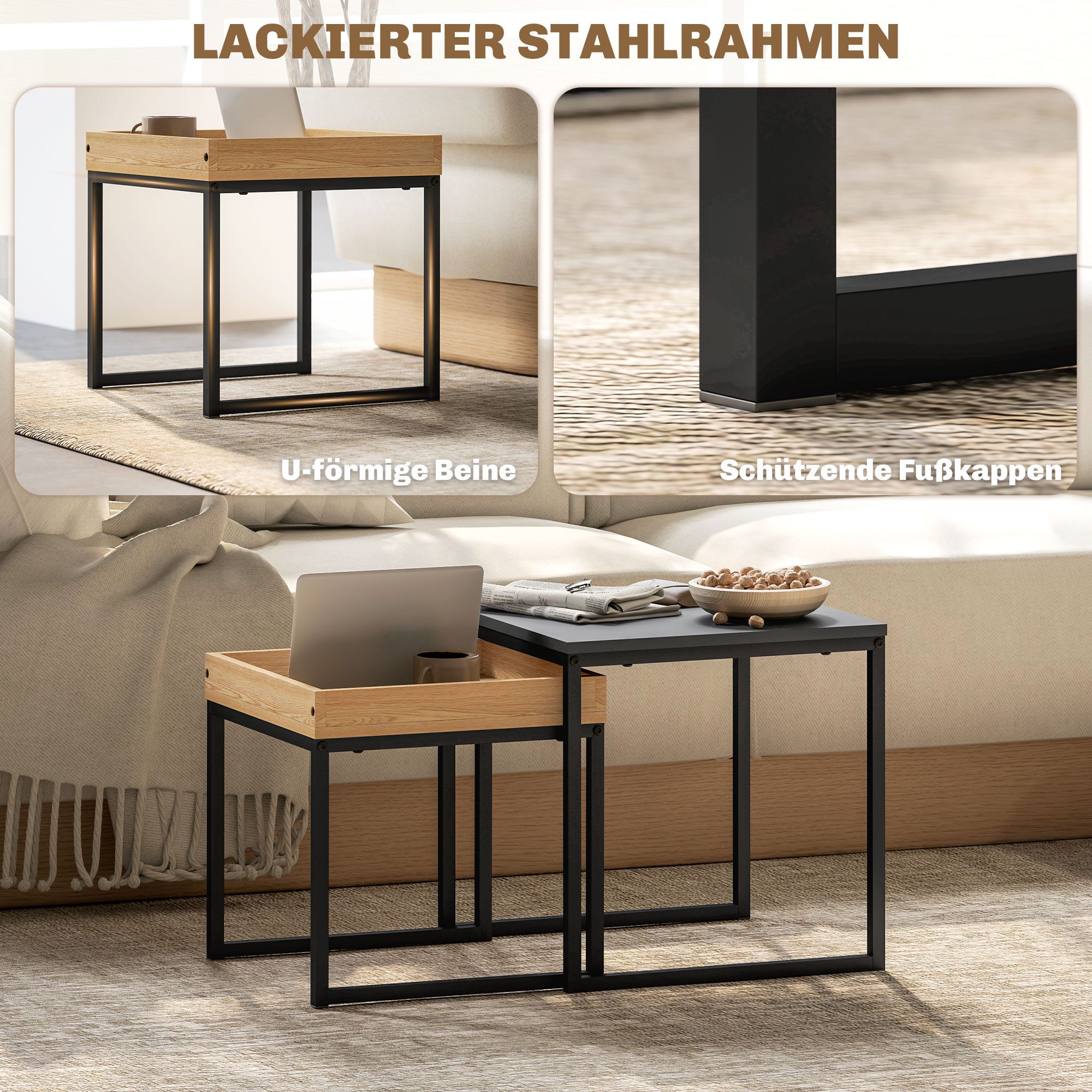 HOMCOM Couchtisch Satztisch mit Abnehmbarem Tablett, Stahlgestell, für Schlafzimmer (Kaffeetisch, 2-St., Eckiger Beistelltisch), für Wohnzimmer, bis 30 kg Belas – Bild 5 von 5