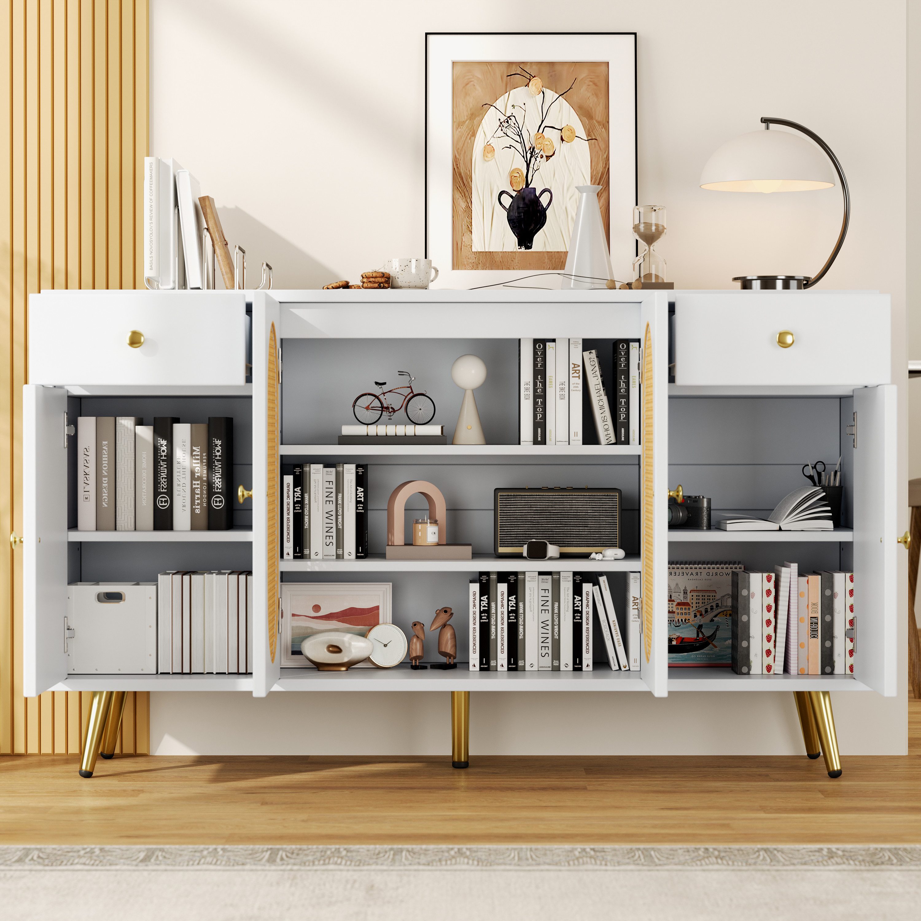 HAUSS SPOLE Sideboard mit 2 Schubladen,Anrichte Sideboard höhenverstellbaren Regalböden (Kommode mit 15 cm hohen Metallfüße, 1 St., Schranktüren mit goldenen Griffen), für Wohnzimmer oder Essbereich