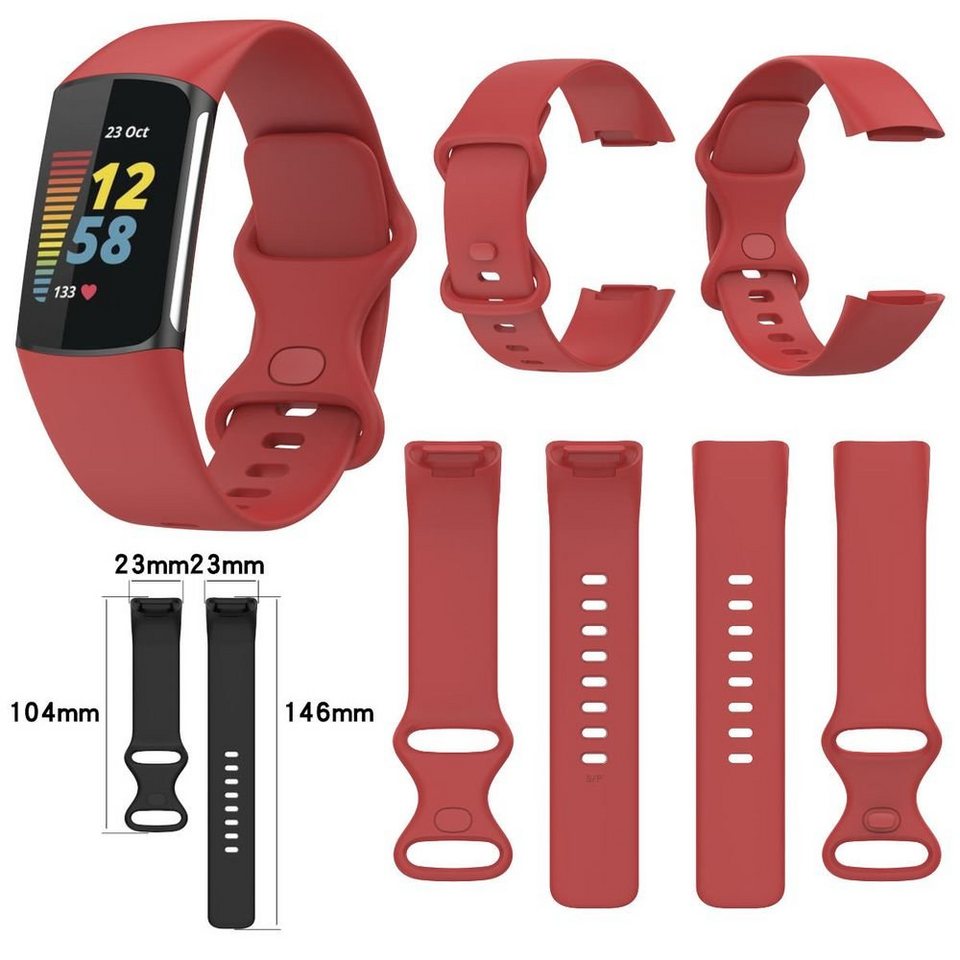 Wigento Smartwatch-Armband Für Fitbit Charge 6 / 5 Silikon Watch Armband  Männer Größe L Rot