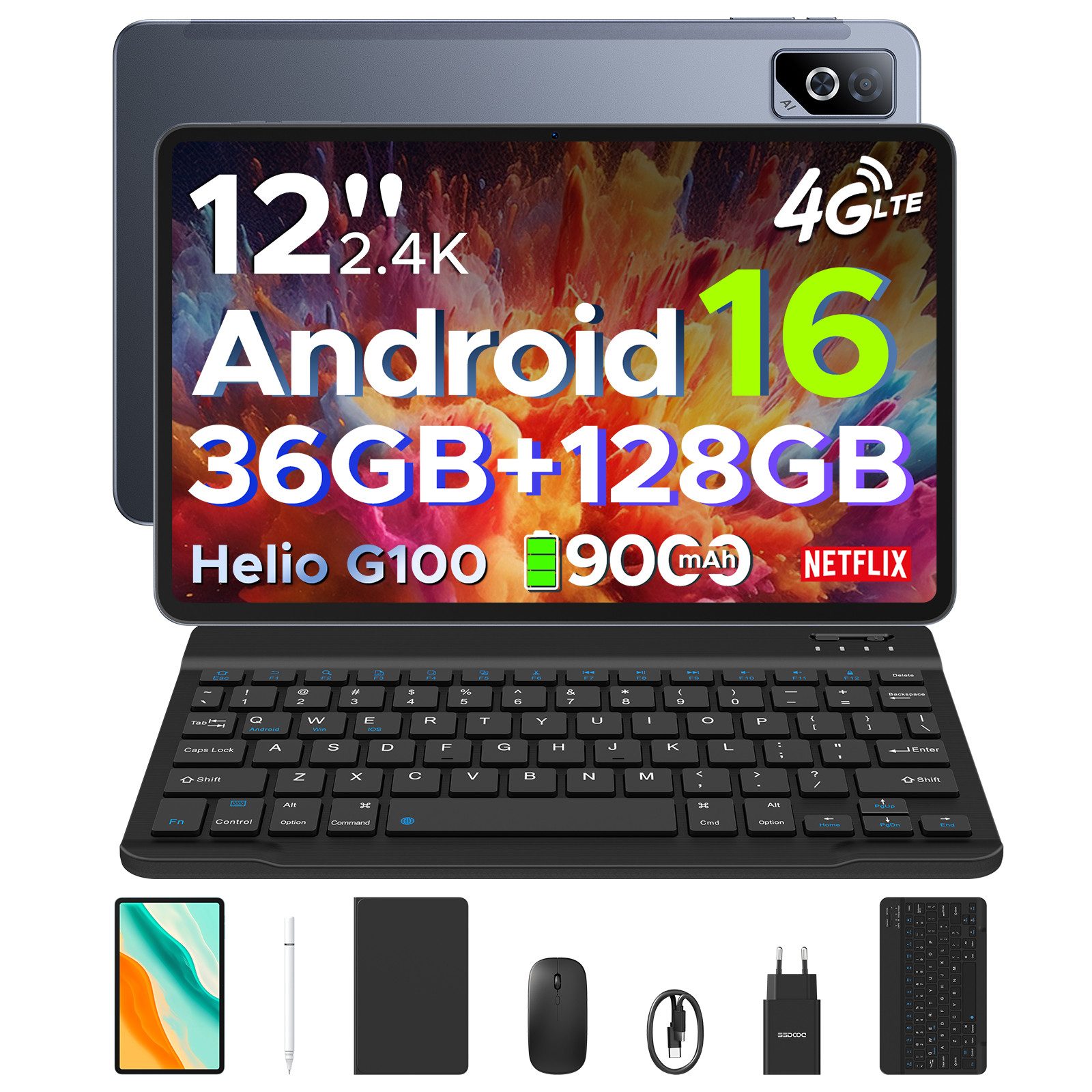DOOGEE Tab G6 Pro 12'' Tablet mit Tastatur Android 16, 2.4K 90Hz, 128GB/2TB Tablet (12", 128 GB, Android 16, Wifi, Helio G100 Octa-Core, 9000mAh, 8GBRAM, Face ID/Gemini AI)