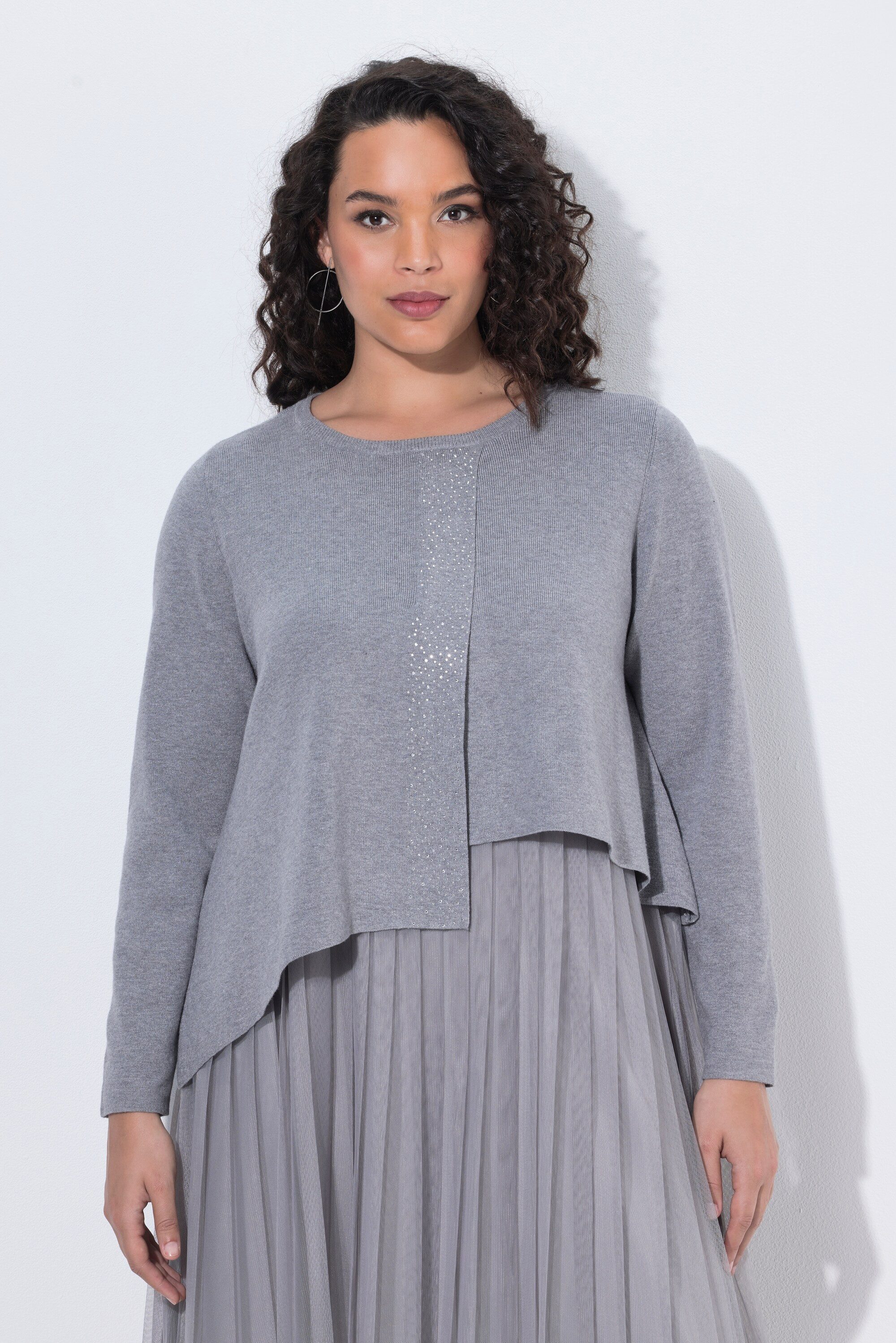 Ulla Popken Strickpullover Pullover Ziersteine Zipfelsaum Rundhals Langarm