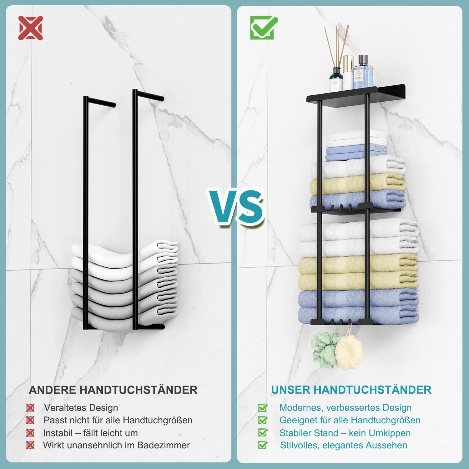 Refined Living Handtuchhalter Wand Handtuchhalter, Bad Handtuchregal, Ohne Bohren, mit Leitplanke, Bath Towel Holder, mit 6 Handtuchhaken, für Badezimmer Küche – Bild 4 von 5
