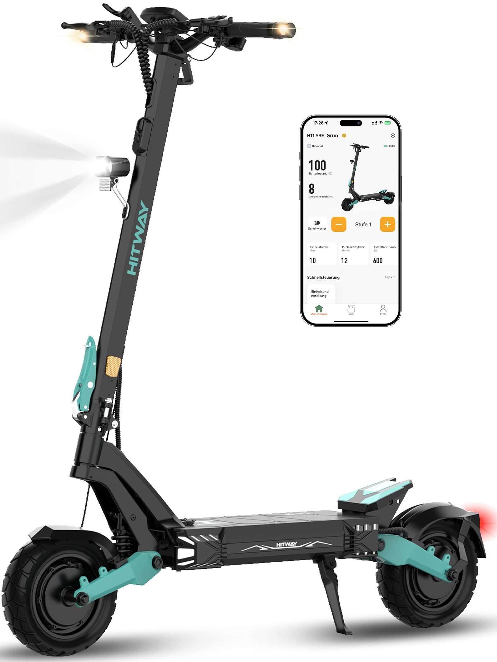 HITWAY E-Scooter H11 ABE, 2×1800W Doppelmotor, 10" mit Straßenzulassung Elektroroller, 20 km/h, (mit Schutzblech), NFC/Blinker/APP, Faltbar, 10 Jahre Garantie auf den Rahmen