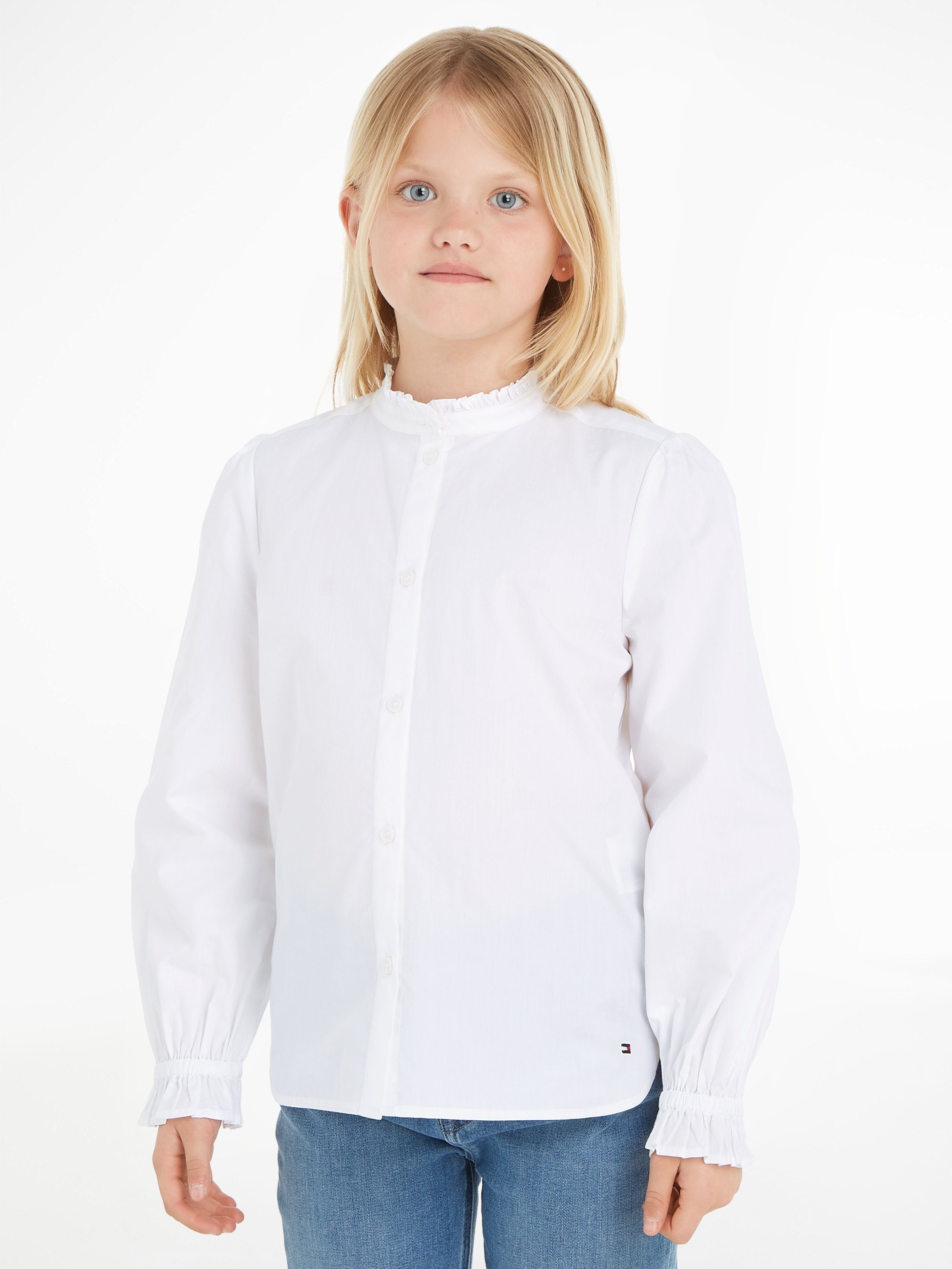 Tommy Hilfiger Rüschenbluse RUFFLE COLLAR SHIRT Stehkragen & Ärmelabschluss mit Rüsche