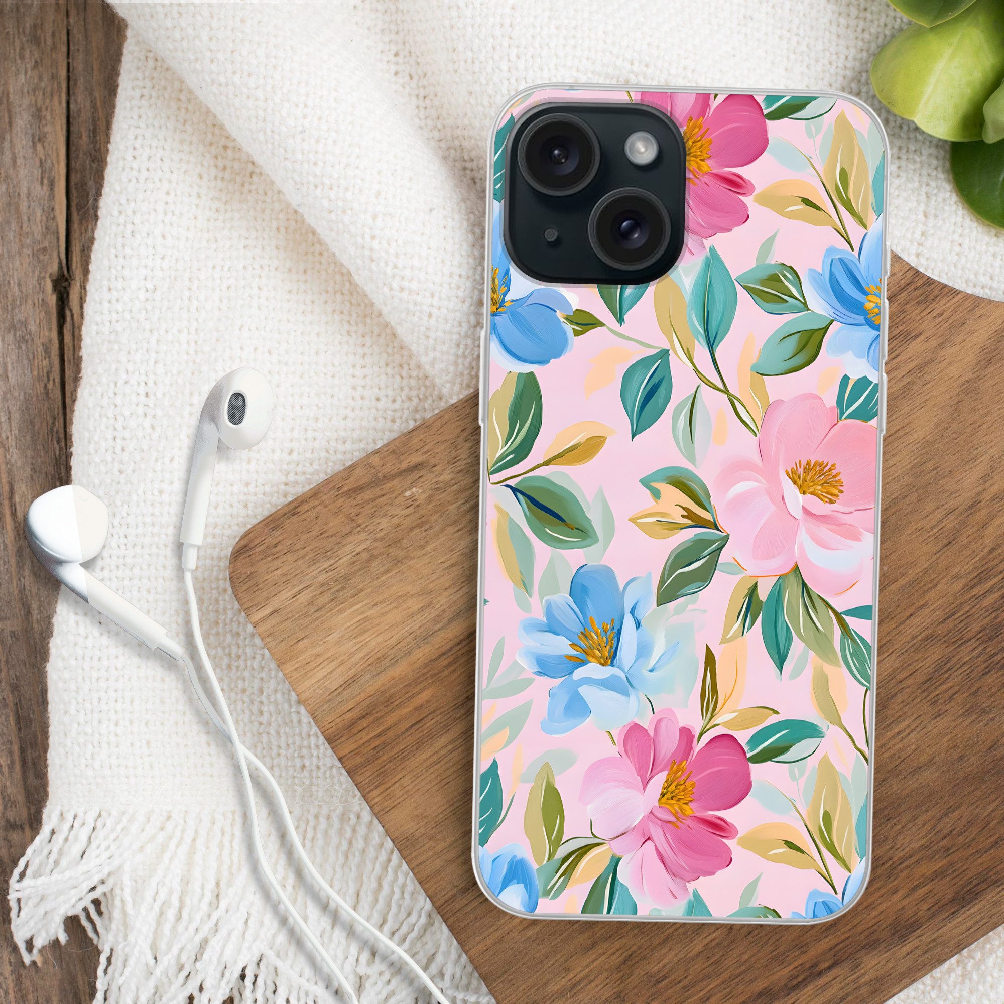 MuchoWow Handyhülle für Apple iPhone 15 Blau - Rosa - Blumen, Smartphone-Bumper, Print, Handy Schutzhülle Dünn