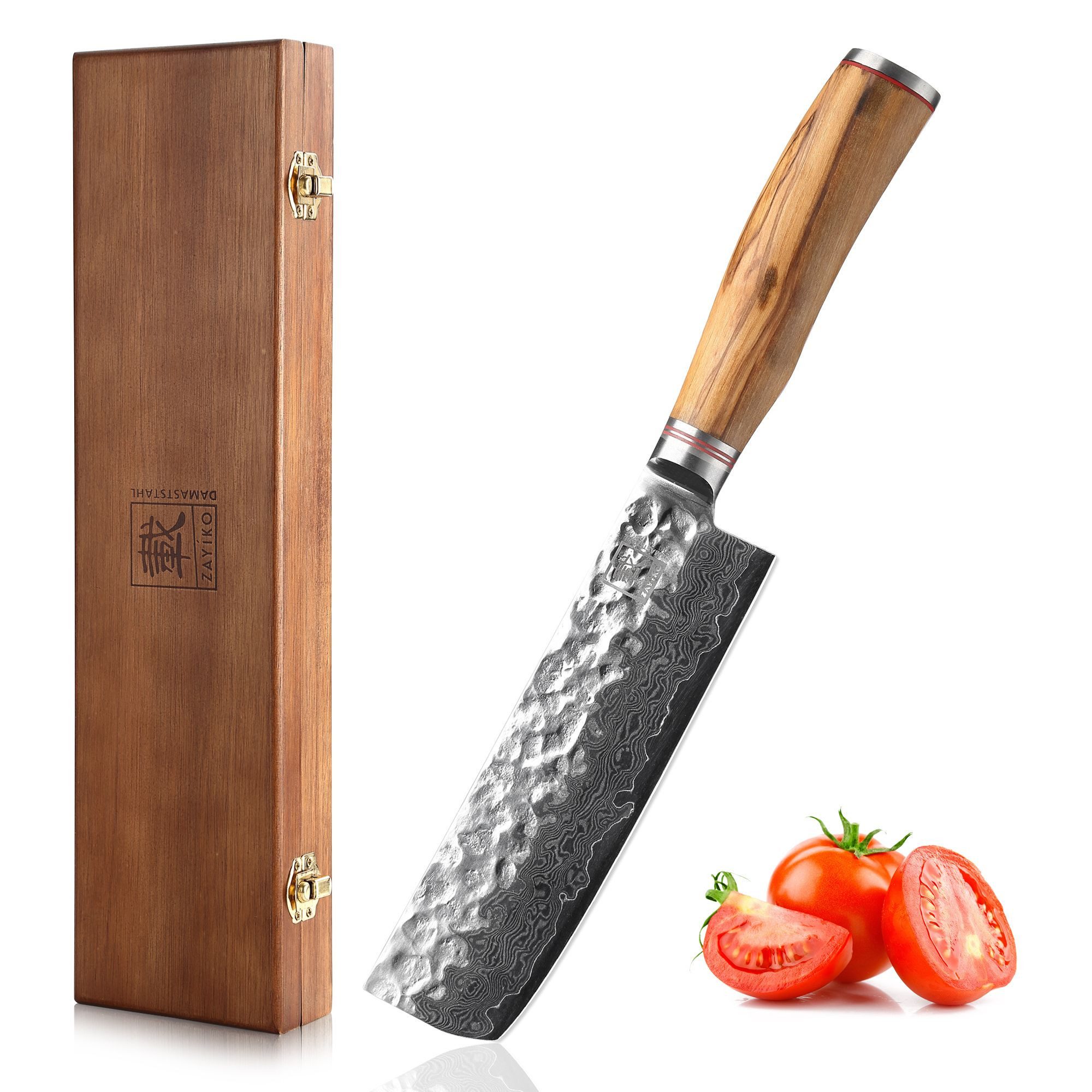 ZAYIKO Asiamesser Minami Damast Nakirimesser Küchenmesser 17 cm Klinge Olivenholzgriff, Damaststahl, VG10-Kern, Hammerschlag