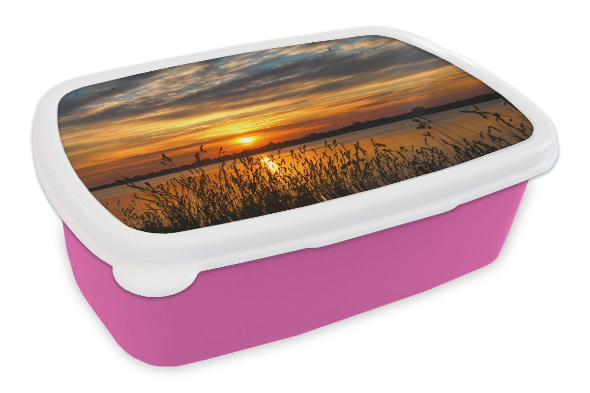 MuchoWow Lunchbox Sonnenuntergang - Meer - Horizont - Himmel - Pflanzen, Kunststoff, (2-tlg), Brotbox für Erwachsene, Brotdose Kinder, Snackbox, Mädchen, Kunststoff rosa