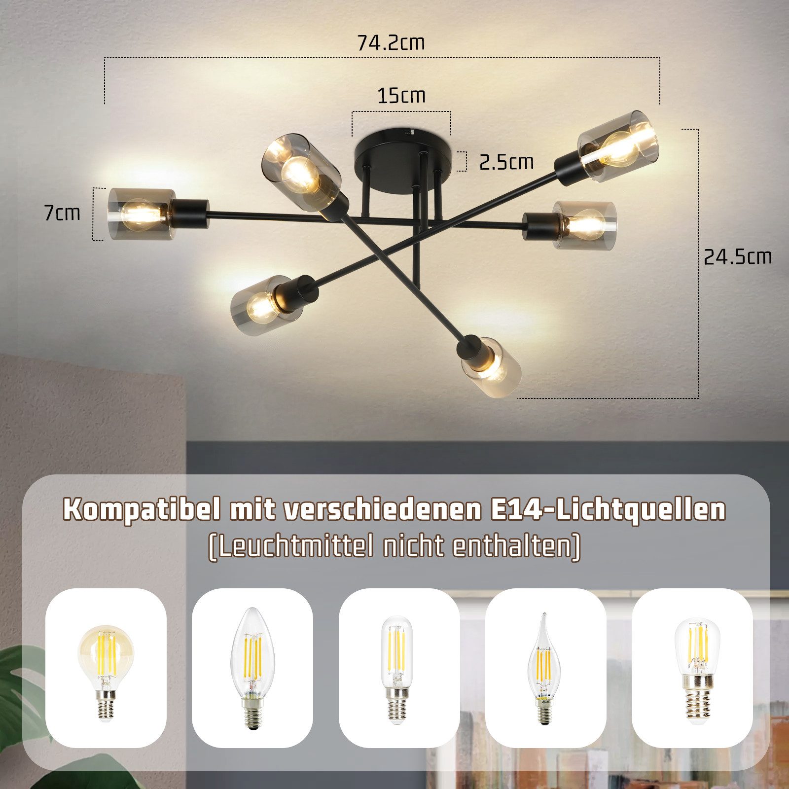 Nettlife Deckenstrahler Vintage Schwarz Glas E14 Retro Deckenleuchte Schwen günstig online kaufen
