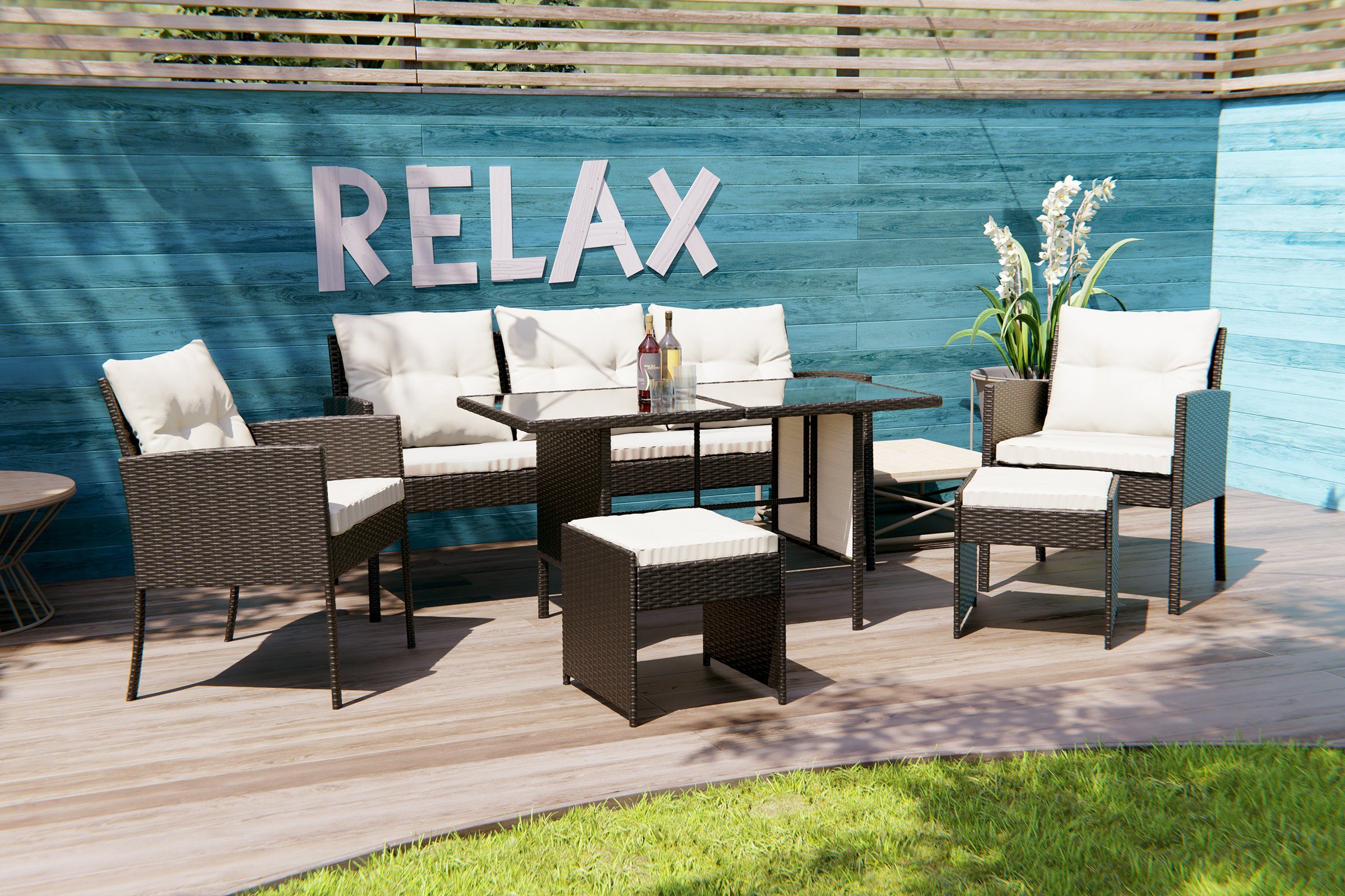 Swing&Harmonie Sitzgruppe Poly Rattan Sitzgarnitur Sydney Esstisch Lounge, (Gartenmöbel Garten-Garnitur Set, 1x Tisch + 2x Stühle + 1x Sitzbank + 2x Hocker)