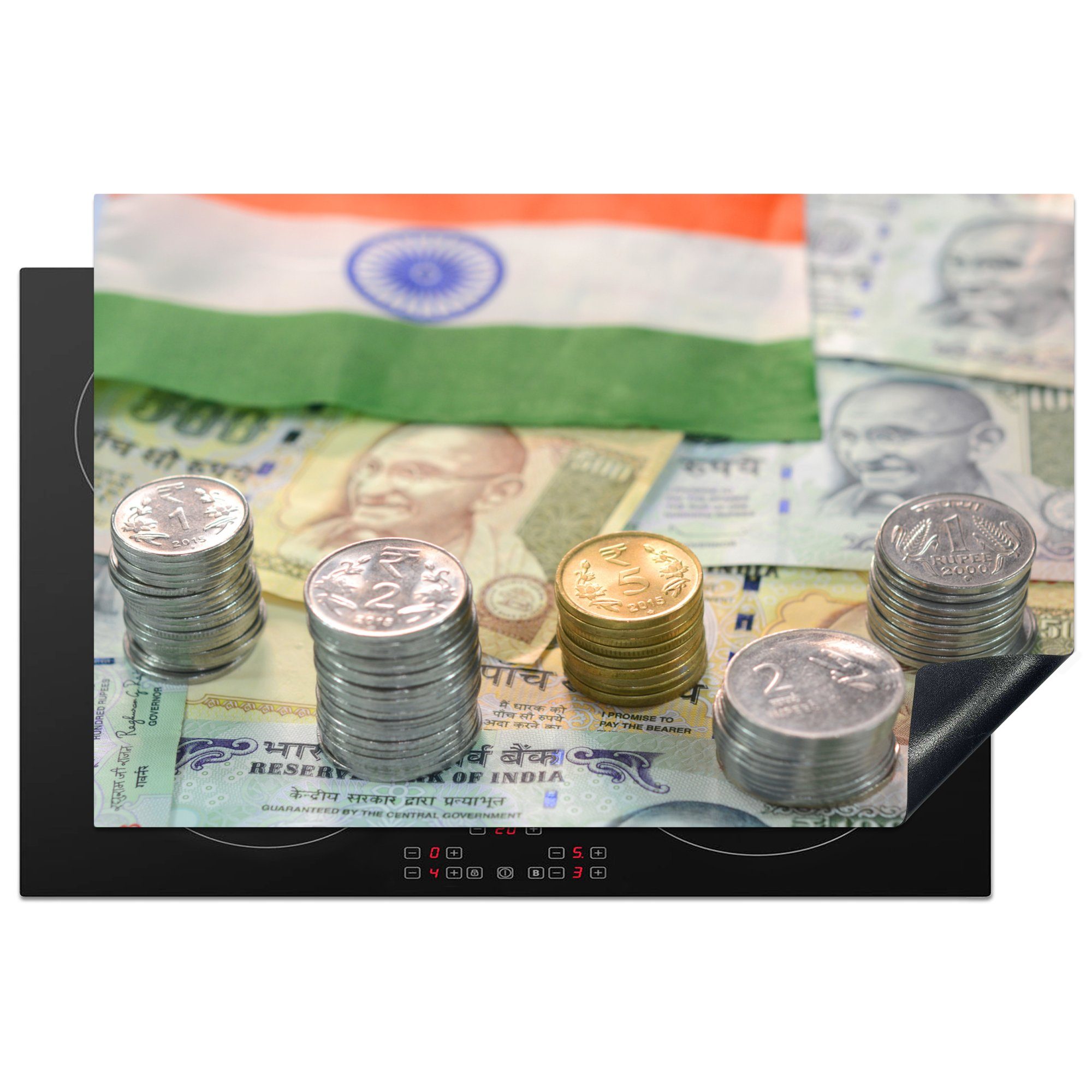MuchoWow Herdblende-/Abdeckplatte Die Flagge Indiens auf einem Stapel Geldscheine, Vinyl, (1 tlg), 81x52 cm, Induktionskochfeld Schutz für die küche, Ceranfeldabdeckung