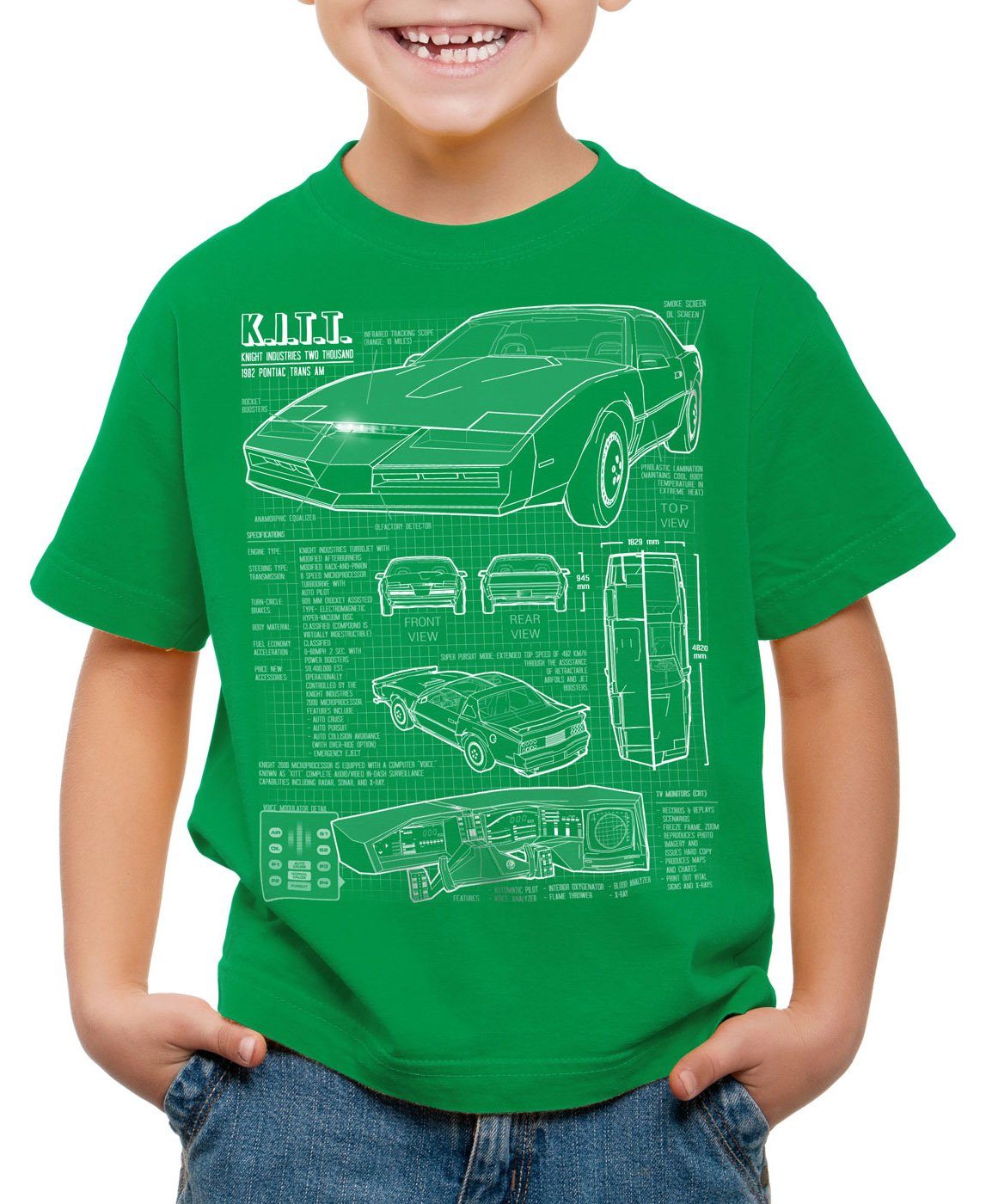 style3 Print-Shirt Kinder T-Shirt K.I.T.T. blaupause michael knight 2000 black rider grün