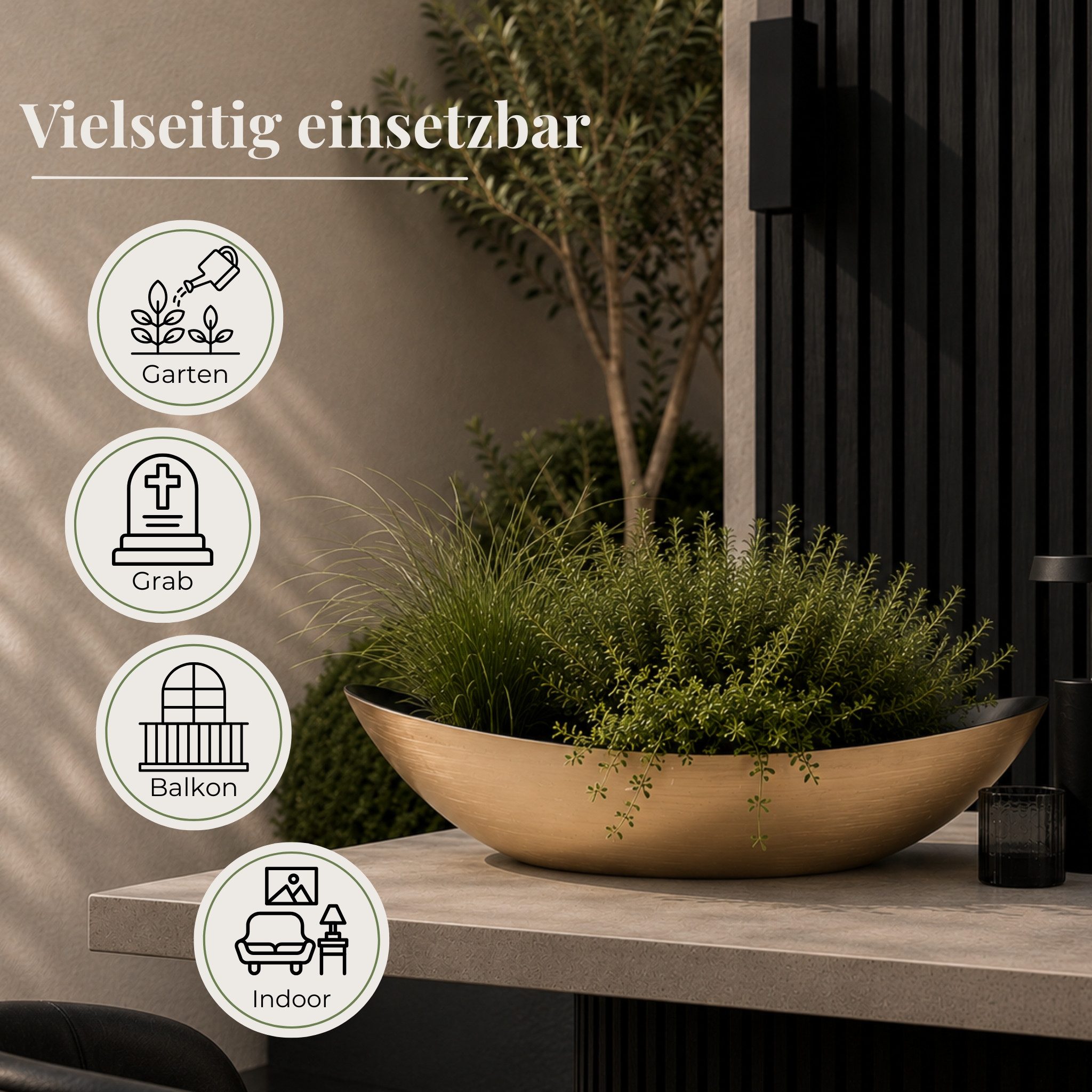 matches21 HOME & HOBBY Blumentopf Große Pflanzschale oval 55 cm für draussen Dekoschale champagner (1 St), Blumen-Schale als wetterfeste Friedhof-Schale Grab-Schmuck Grabschale