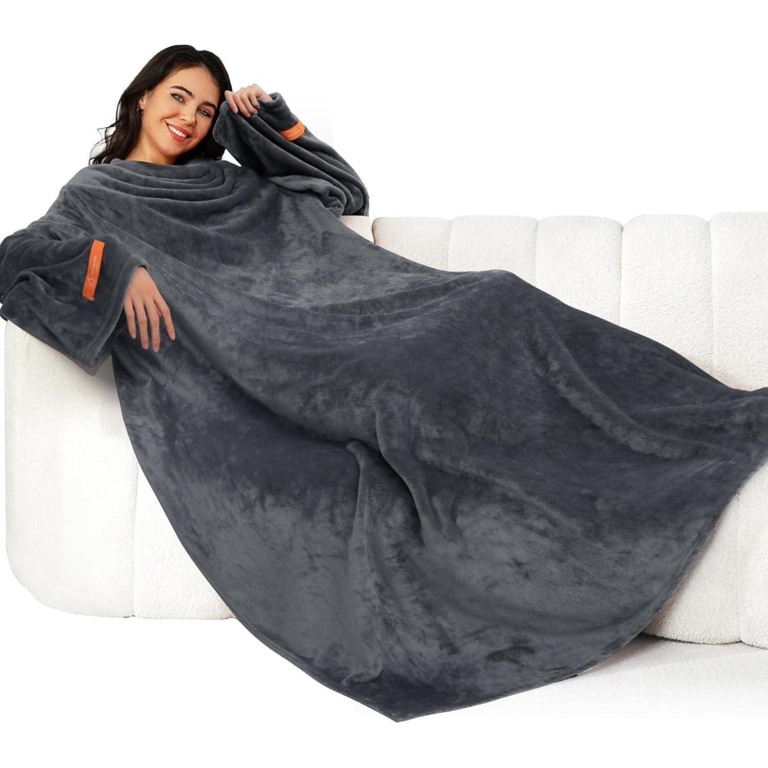 Wohndecke Kuscheldecke mit Ärmeln Flauschig Warm 140x170cm Grau 1, Winthome